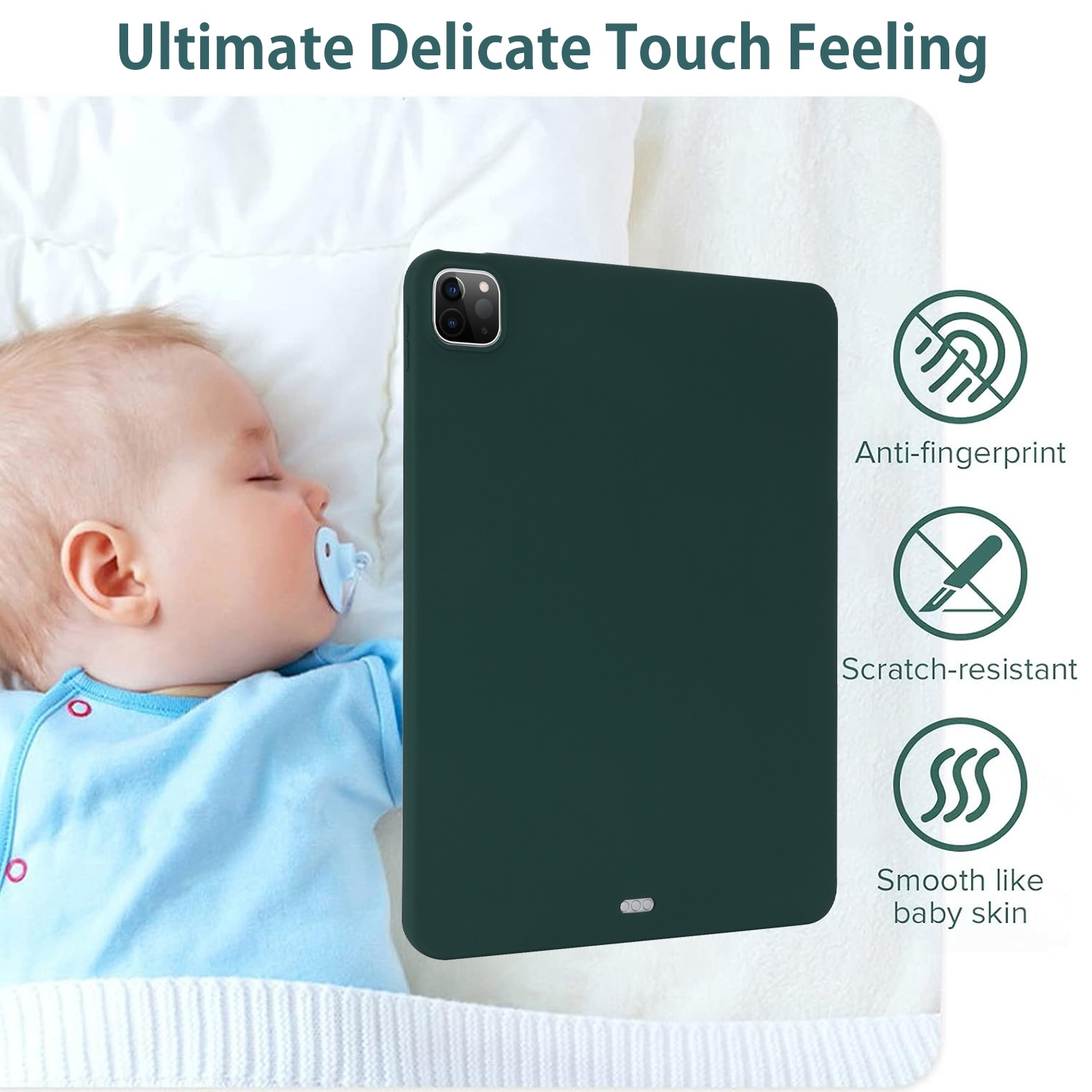 Ein Baby schläft neben einer dunkelgrünen iPad-Hülle.