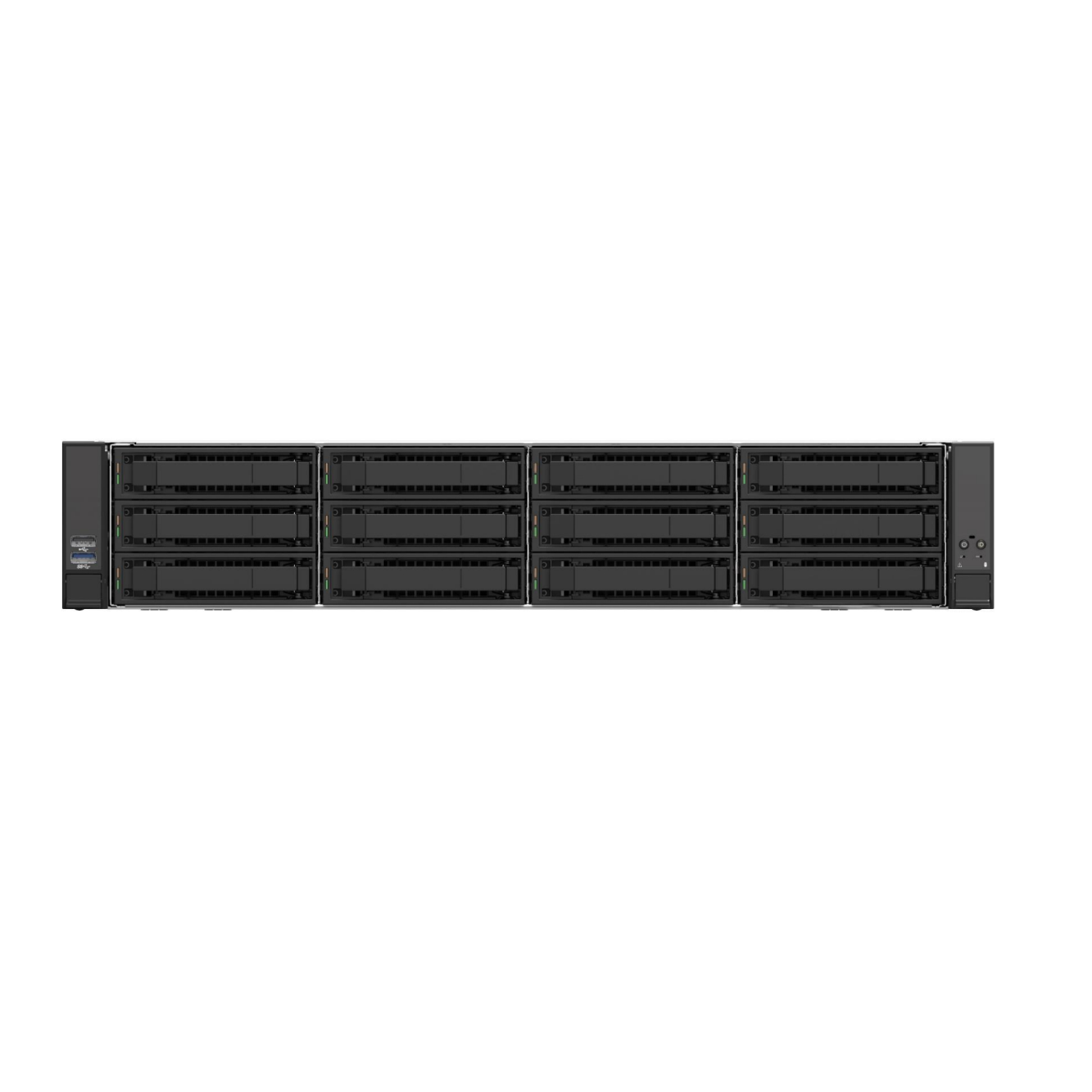 Un telaio server nero con più alloggiamenti per unità e spie.