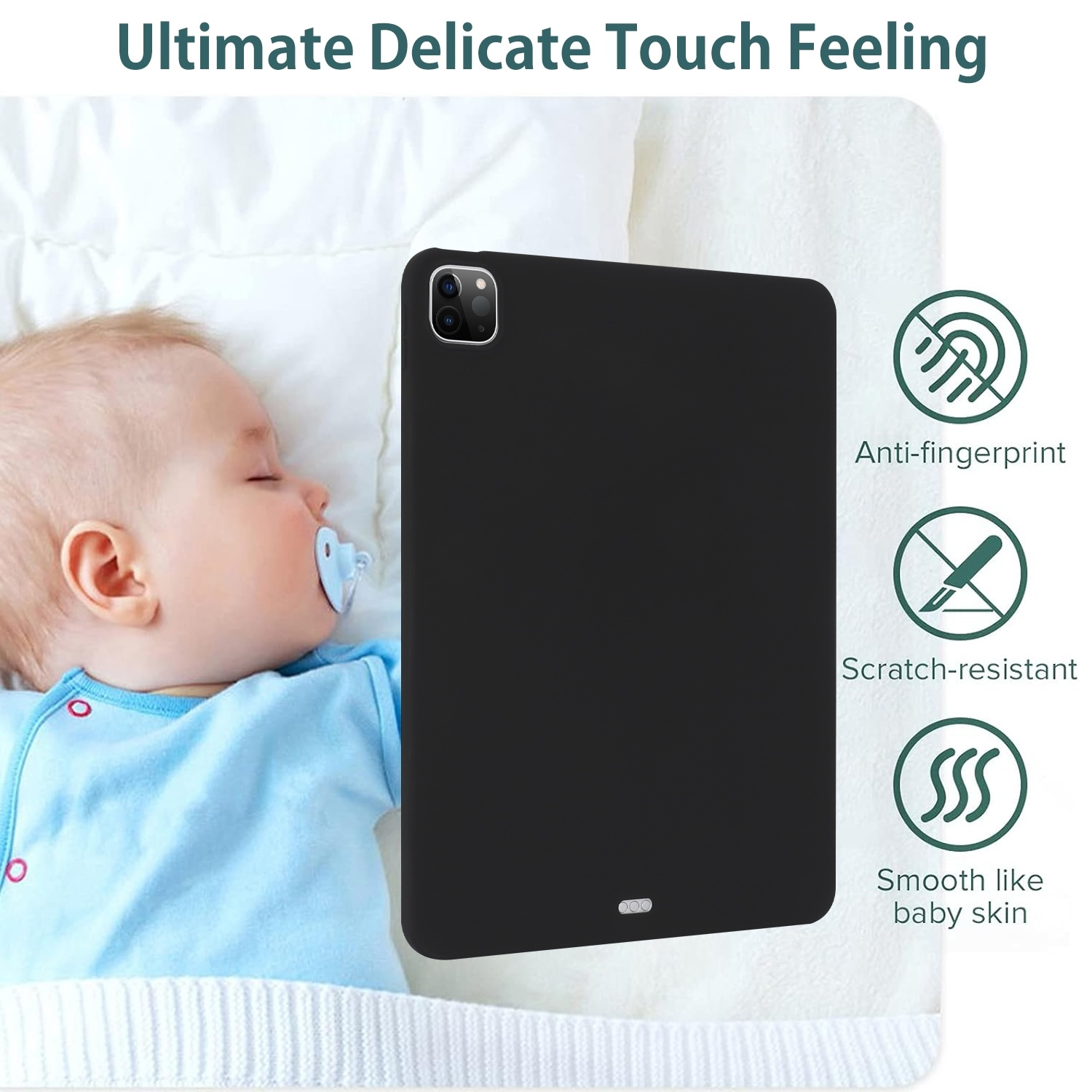 Ein Baby mit Schnuller neben einem schwarzen iPad mit schwarzer Hülle.