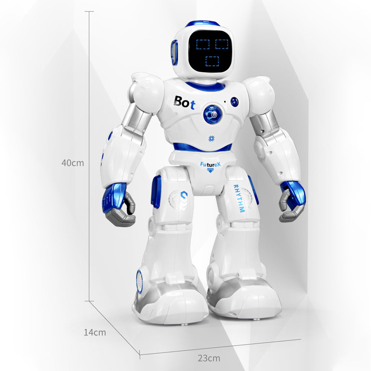 Weiß-blauer Roboter-Spielzeug mit den Maßen: 40 cm, 14 cm und 23 cm.