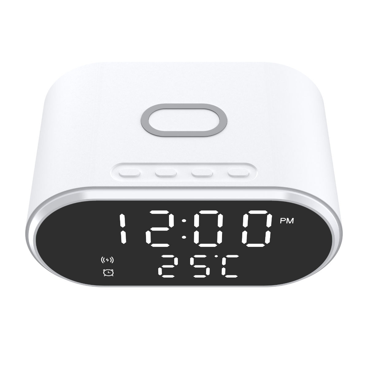 Weißer digitaler Wecker mit schwarzem Display, der 12:00 Uhr und 25 °C anzeigt. Er hat einen silbernen Rand und Knöpfe.