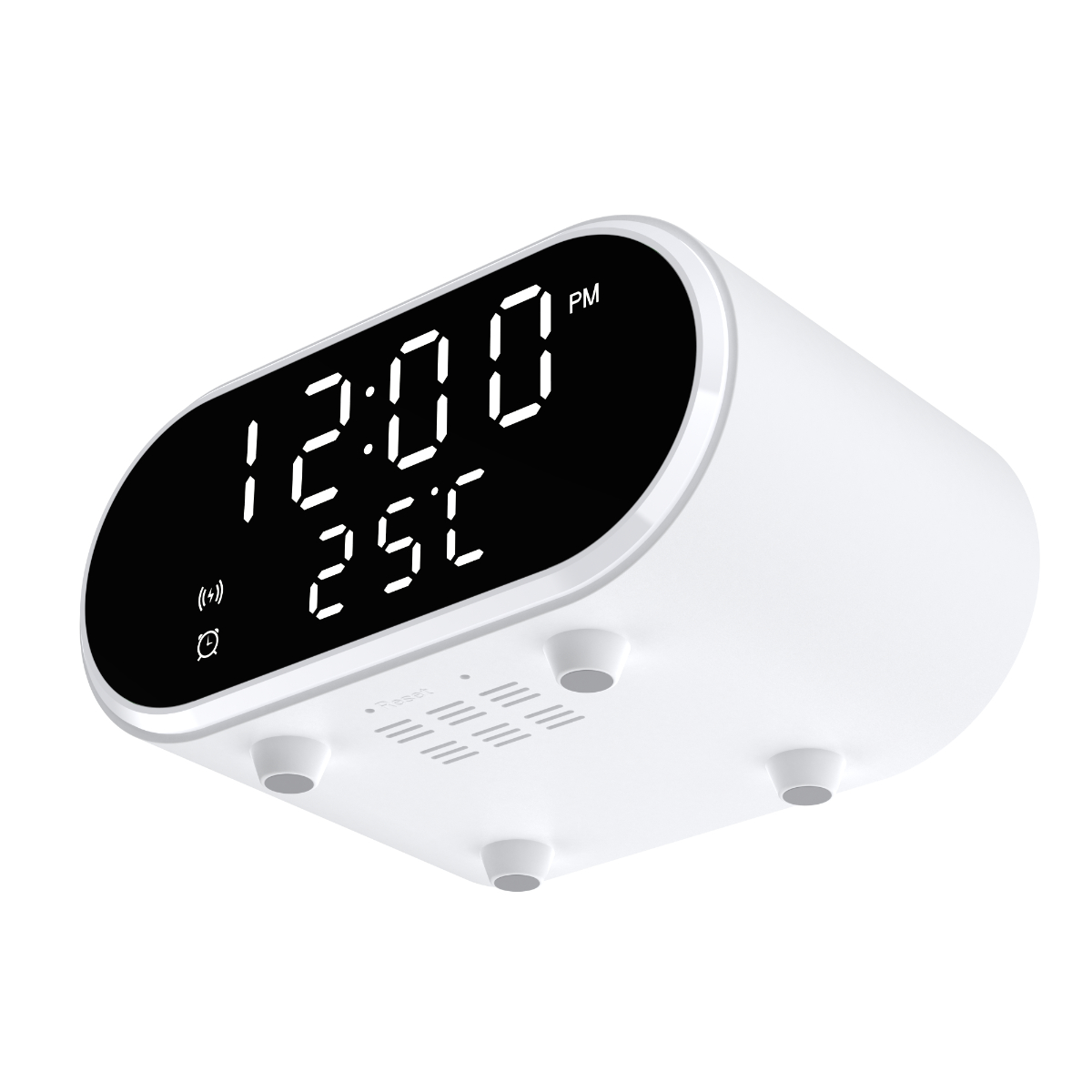 Ein weißer digitaler Wecker, der 12:00 und 25°C anzeigt, mit ein paar Knöpfen unten.