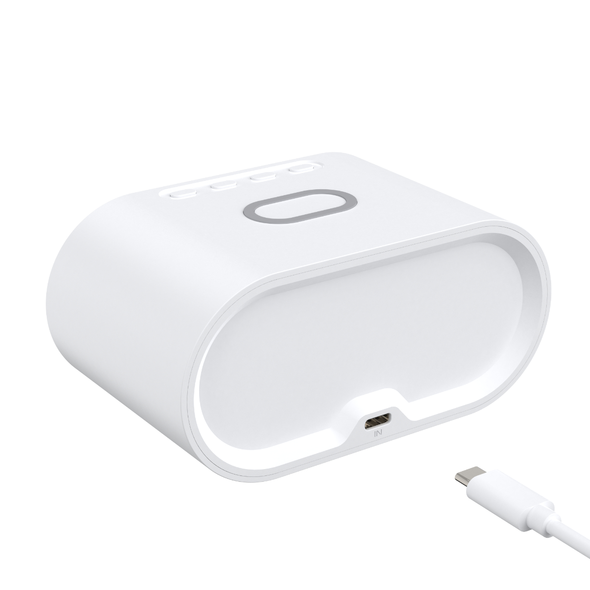 Ein weißes, ovalförmiges Gerät mit drei Knöpfen und einem USB-C-Anschluss, auf weißer Oberfläche.