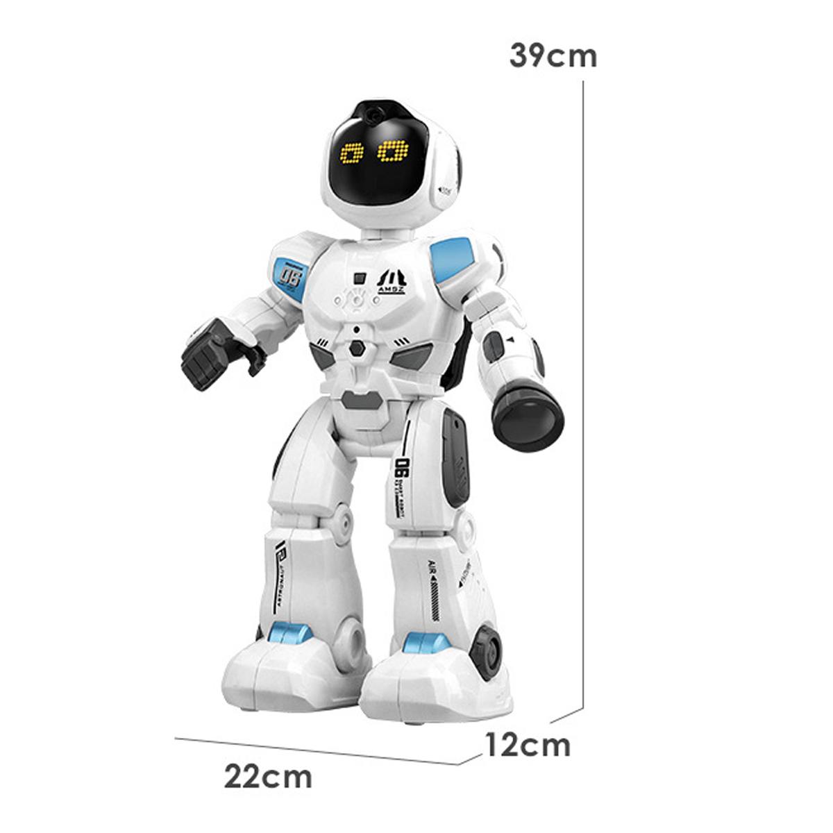 Weißer Roboter mit schwarzen und blauen Akzenten. Er hat die Maße 39cm Höhe, 22cm Breite und 12cm Tiefe.