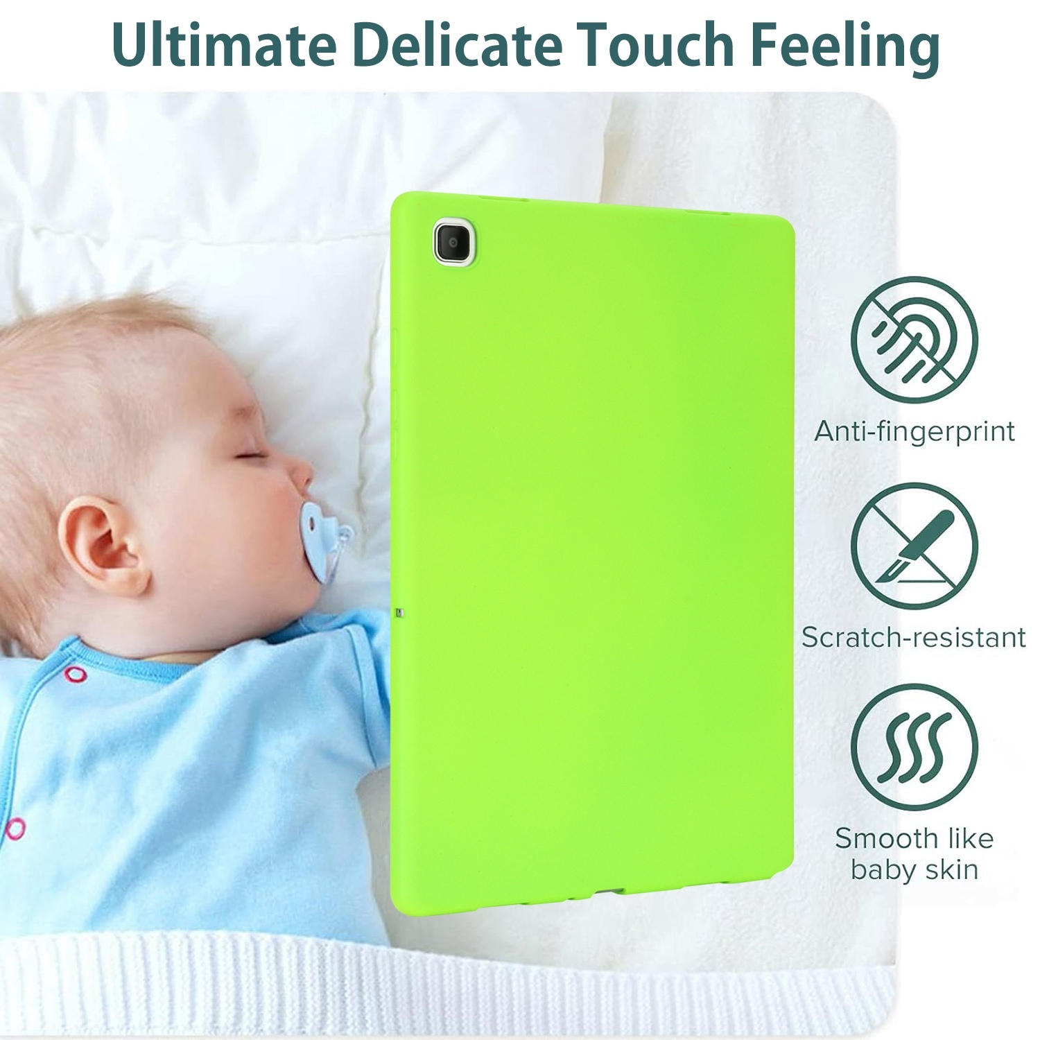 Baby schläft neben einem grünen Tablet. Anti-Fingerabdruck, kratzfest, glatte Haptik.