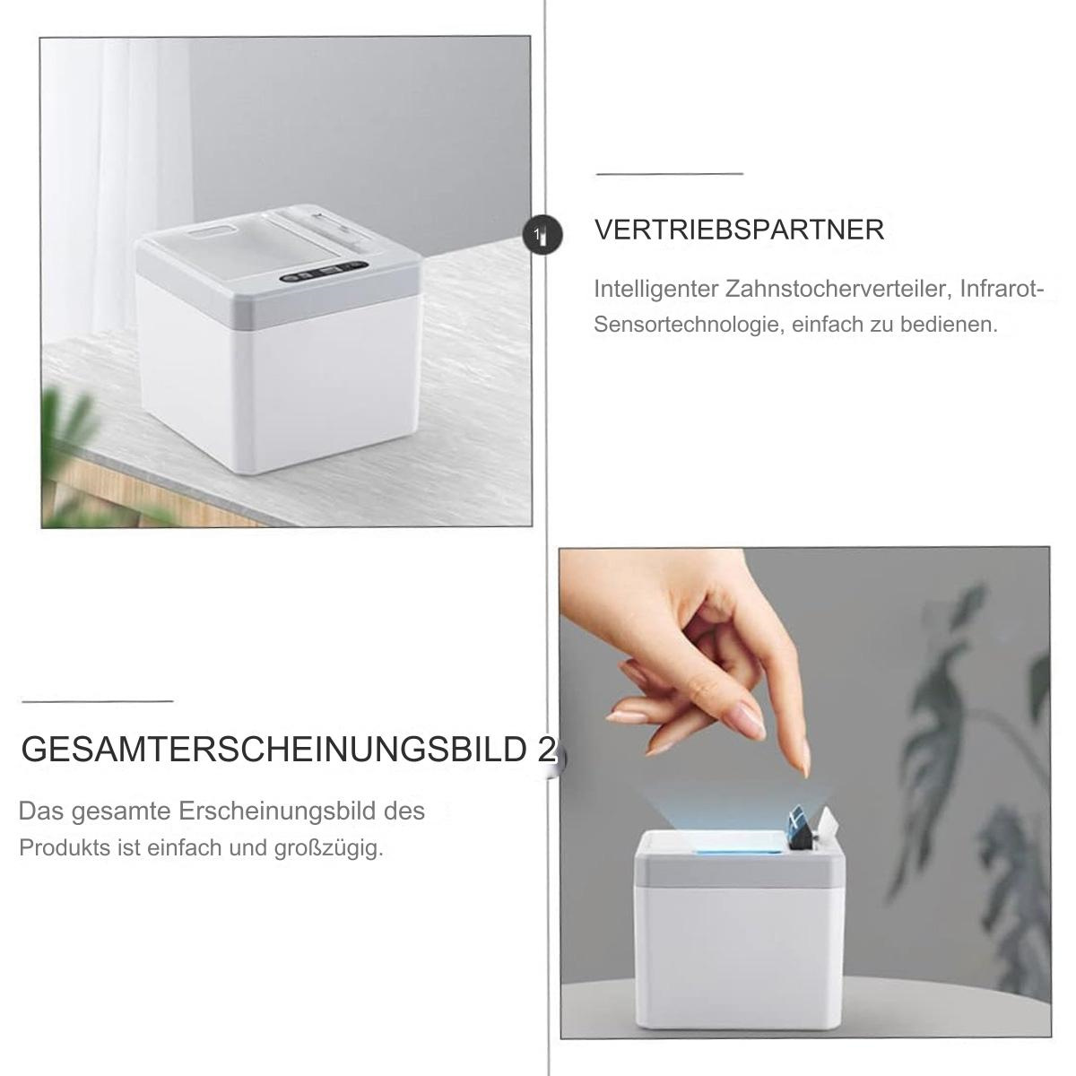 Weißer, quadratischer, automatischer Zahnstocherspender mit kleiner Öffnung.