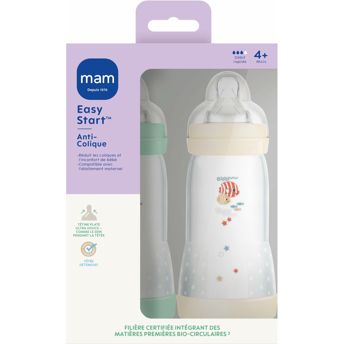 Babyflasche mit klarem Körper und grünem Verschluss, in einer Schachtel.