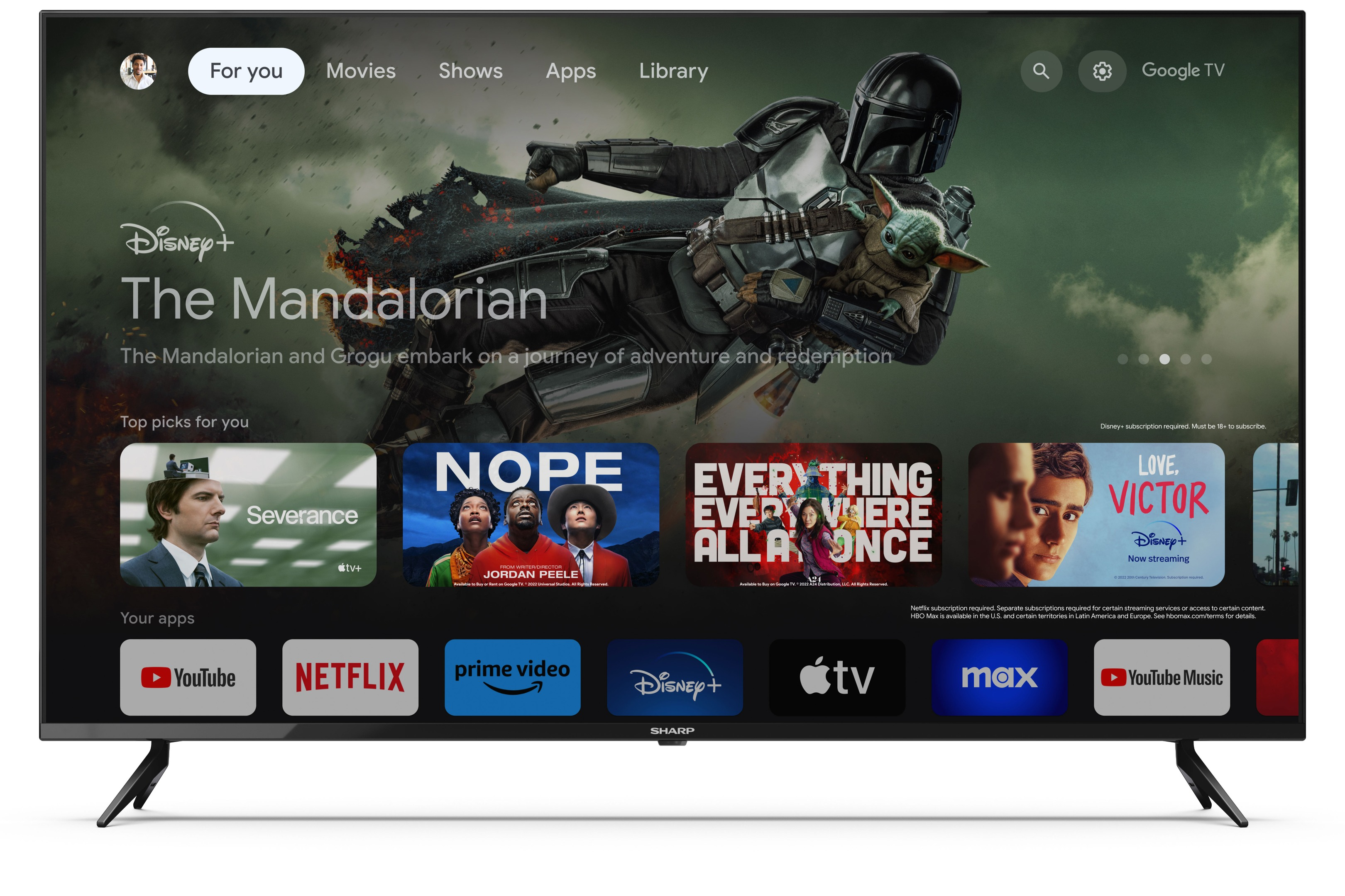 Smart TV che mostra The Mandalorian su Disney+. Altre app sono mostrate sullo schermo.