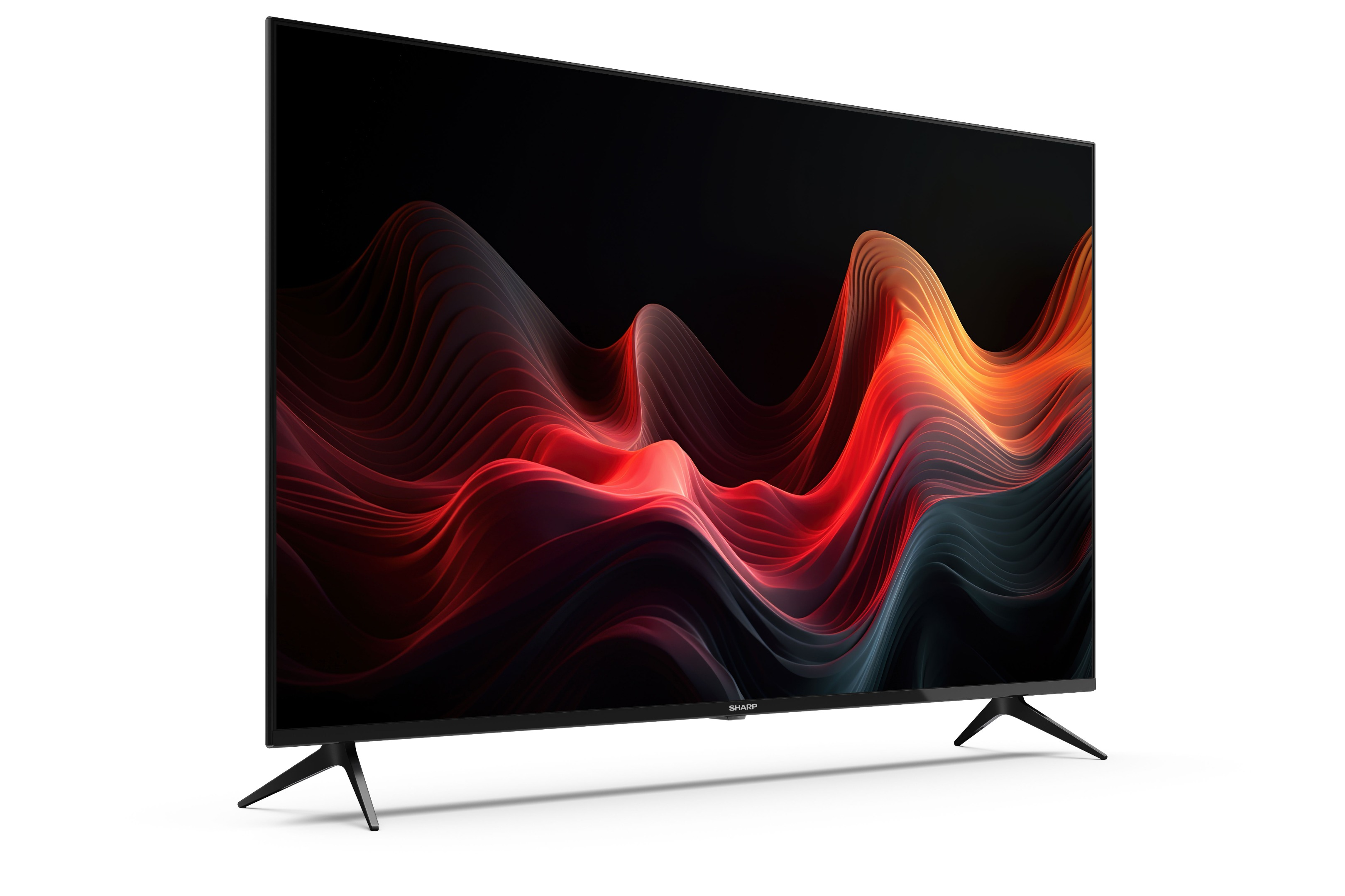 Un grande schermo TV che mostra un design astratto colorato, su uno sfondo bianco.