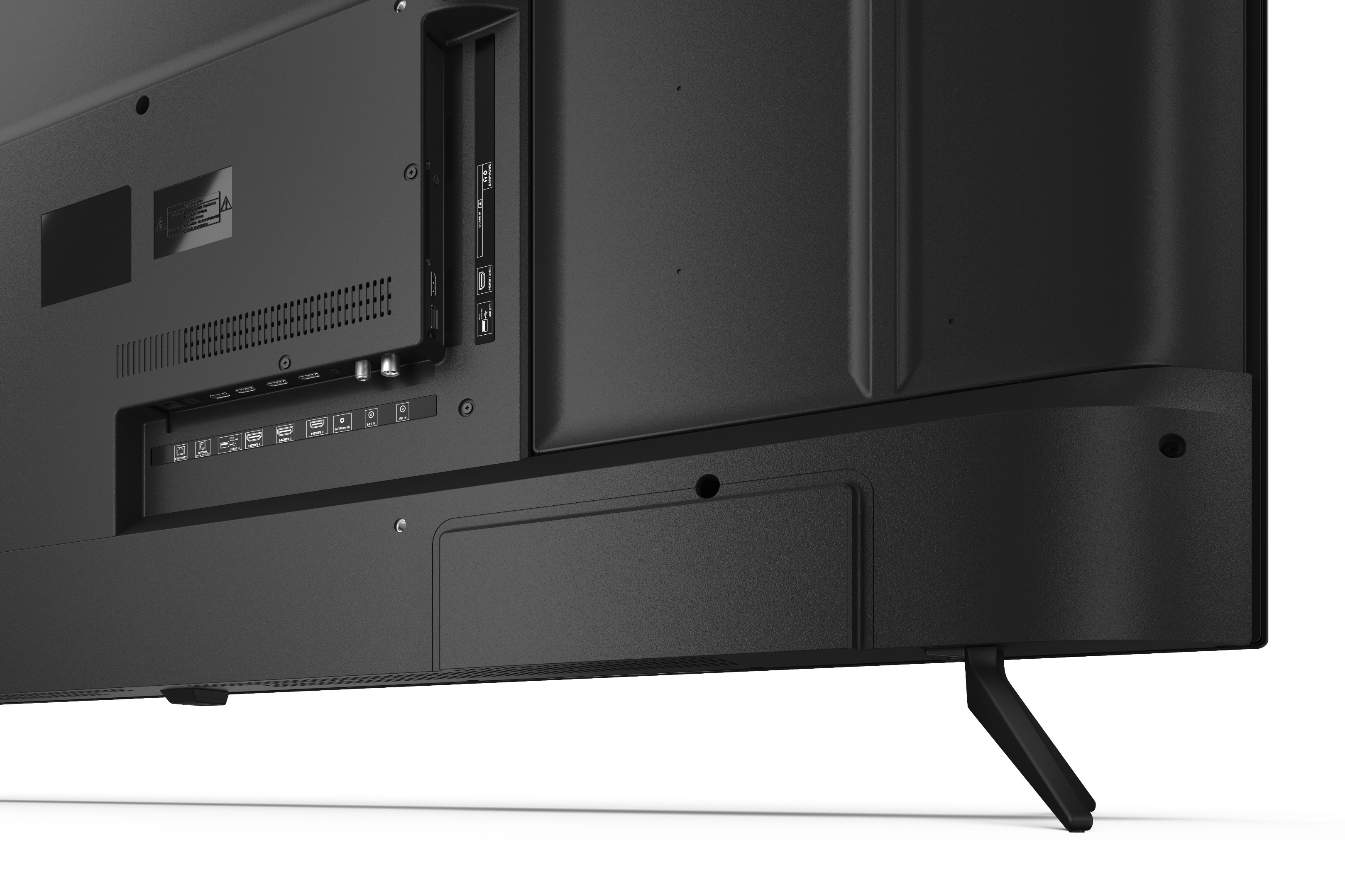 Retro di una TV nera che mostra porte, prese d'aria e il supporto del piede.