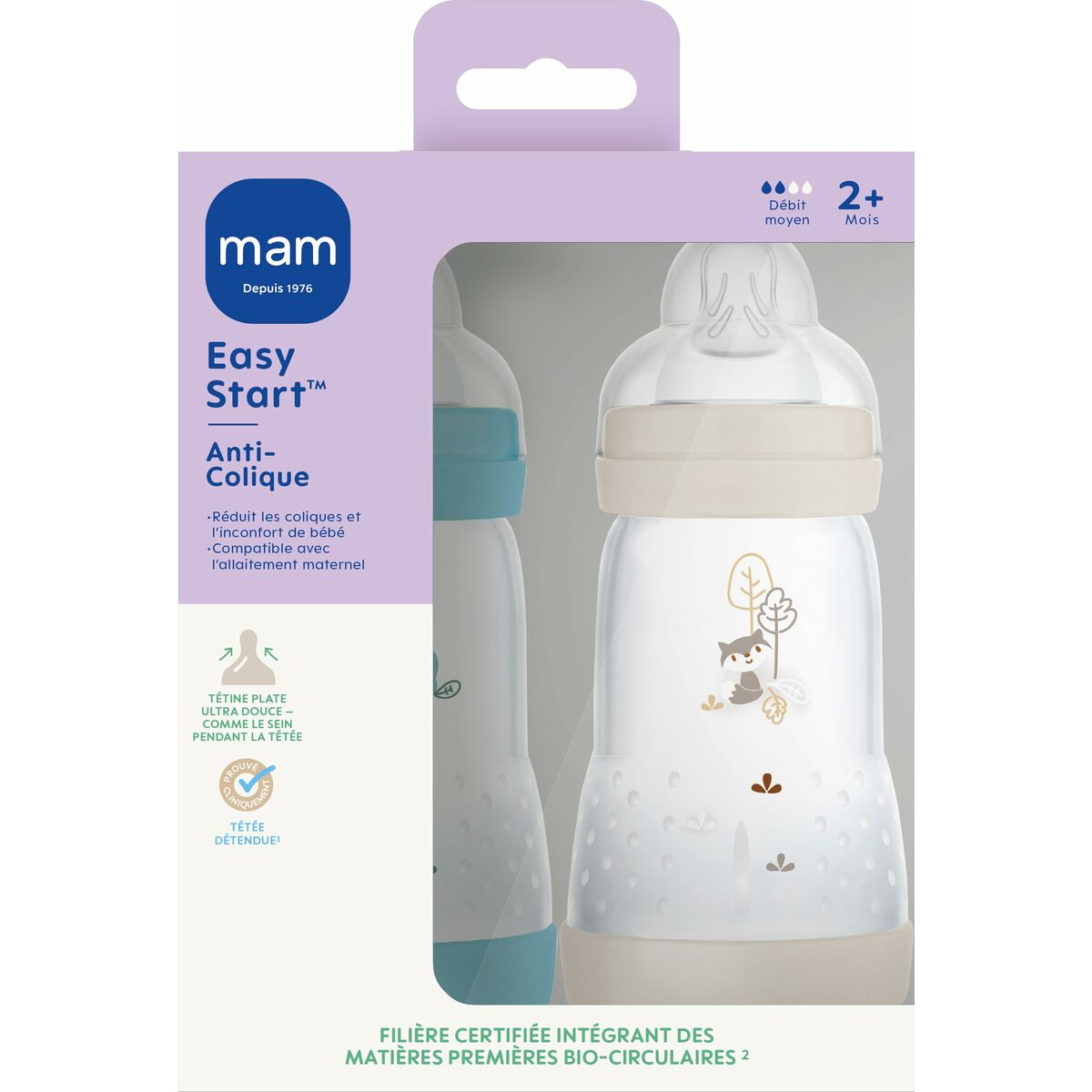 Eine Babyflasche in ihrer Verpackung mit einem türkis-weißen Design.