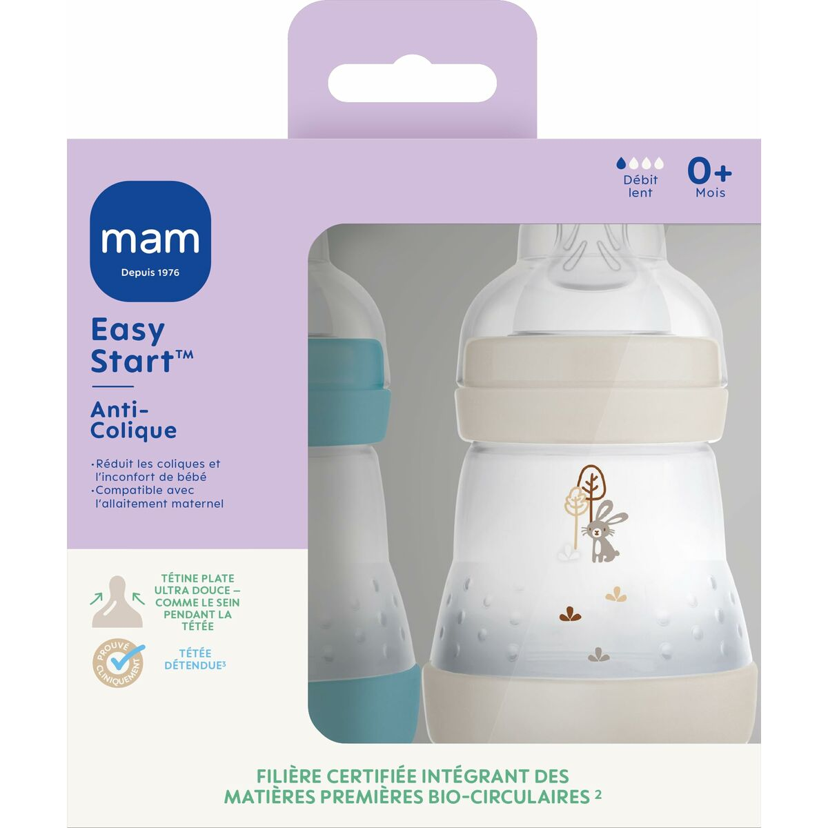 Babyflaschenverpackung, Flasche mit hellblauem Element und Text über Anti-Kolik-Funktionen.