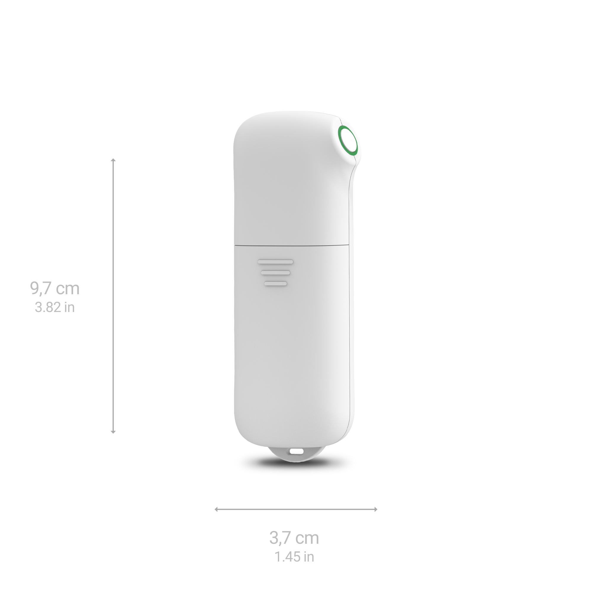 White device with a button and a green light, with measurements of 9.7 cm and 3.7 cm.