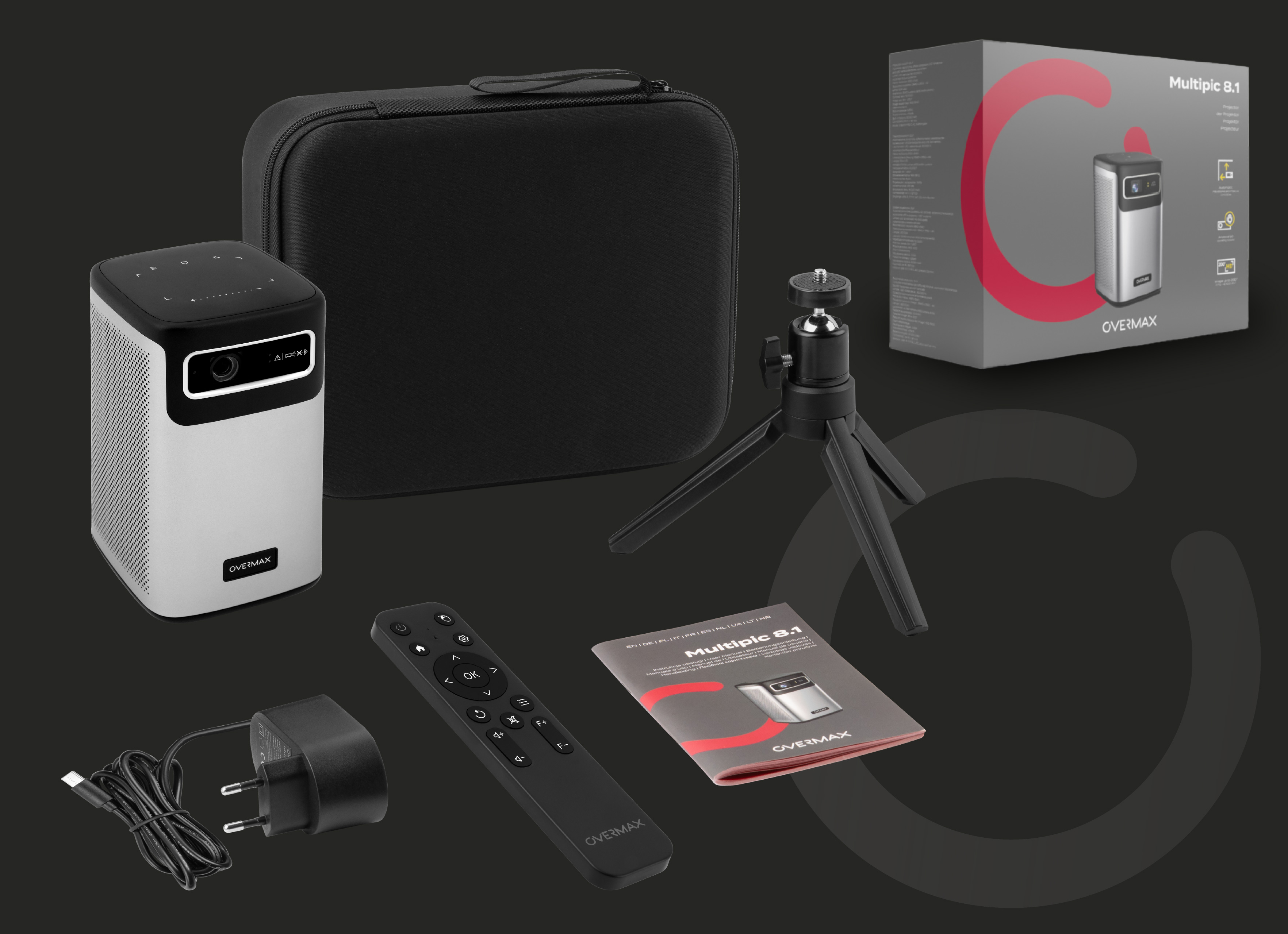 Proyector y accesorios sobre un fondo oscuro. Incluye una funda, trípode, mando a distancia y manual.