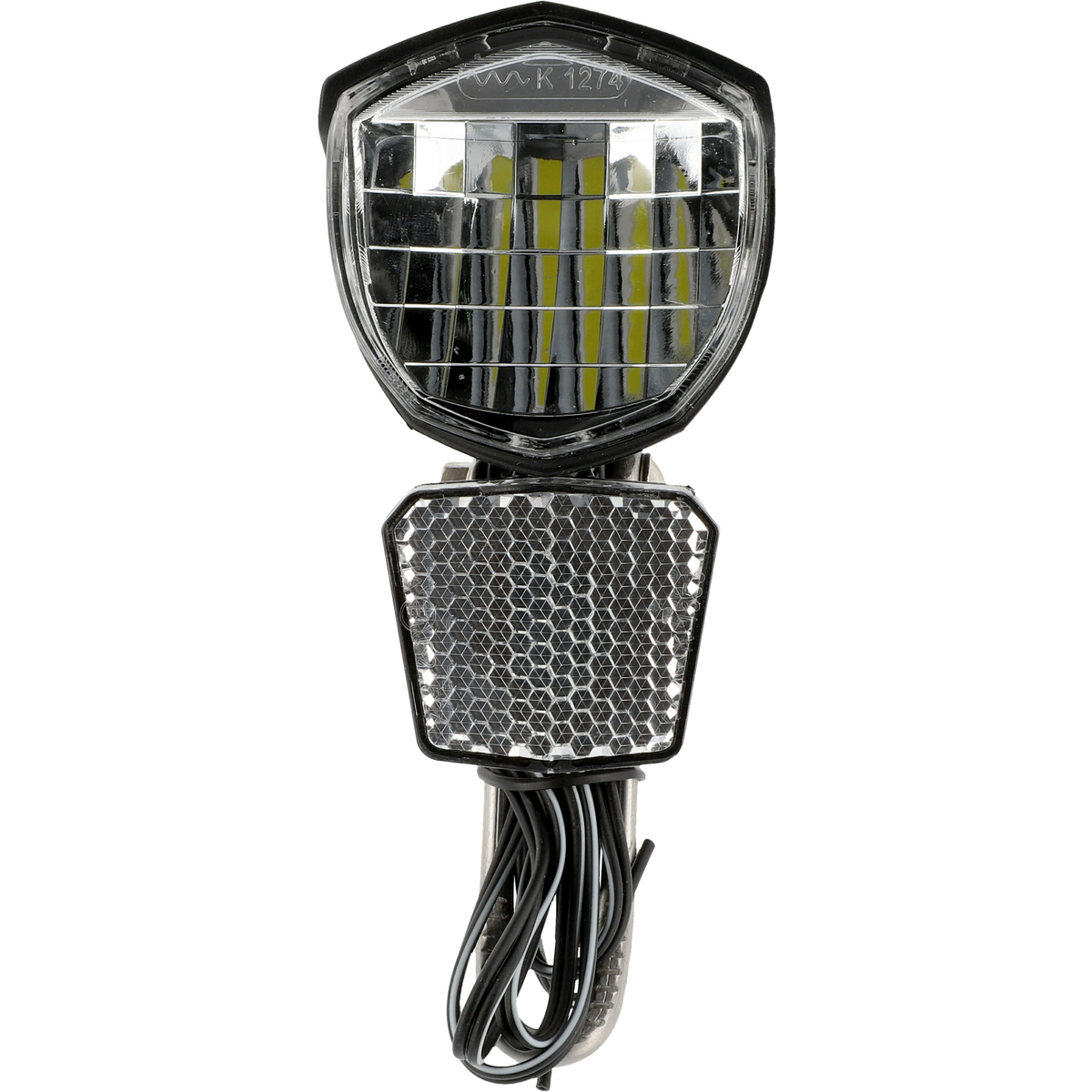 Ein schwarzes Fahrradlicht mit einer klaren, gitterartigen Linse. Unter der Linse befindet sich ein gitterartiger Reflektor.