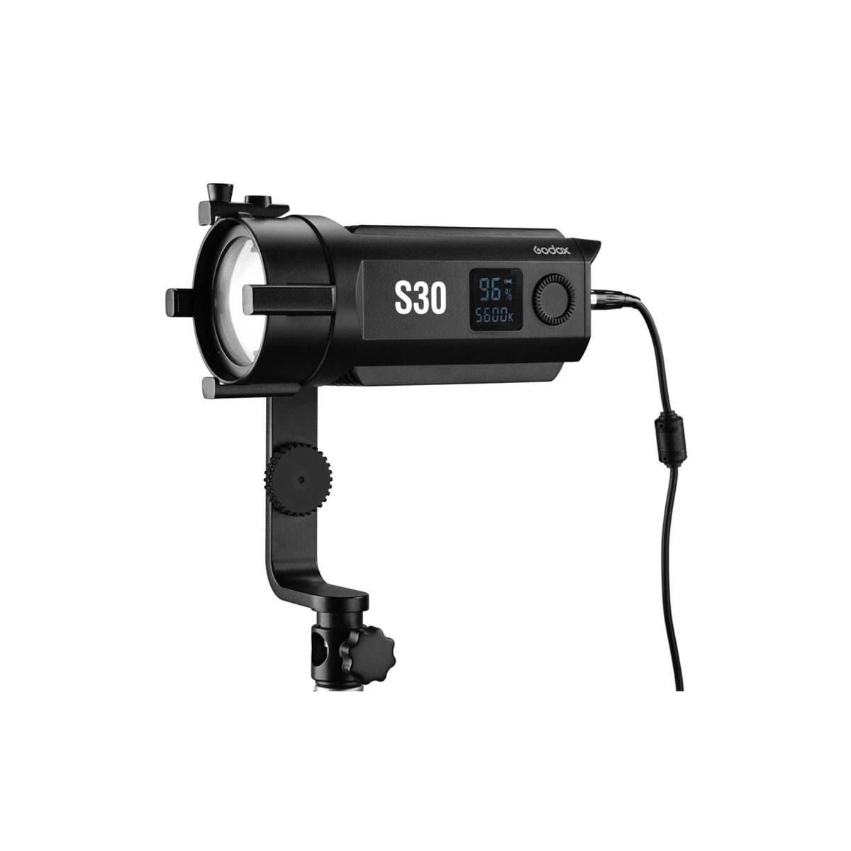 Schwarzes Godox S30 LED-Licht mit Bedienfeld und schwarzem Ständer.