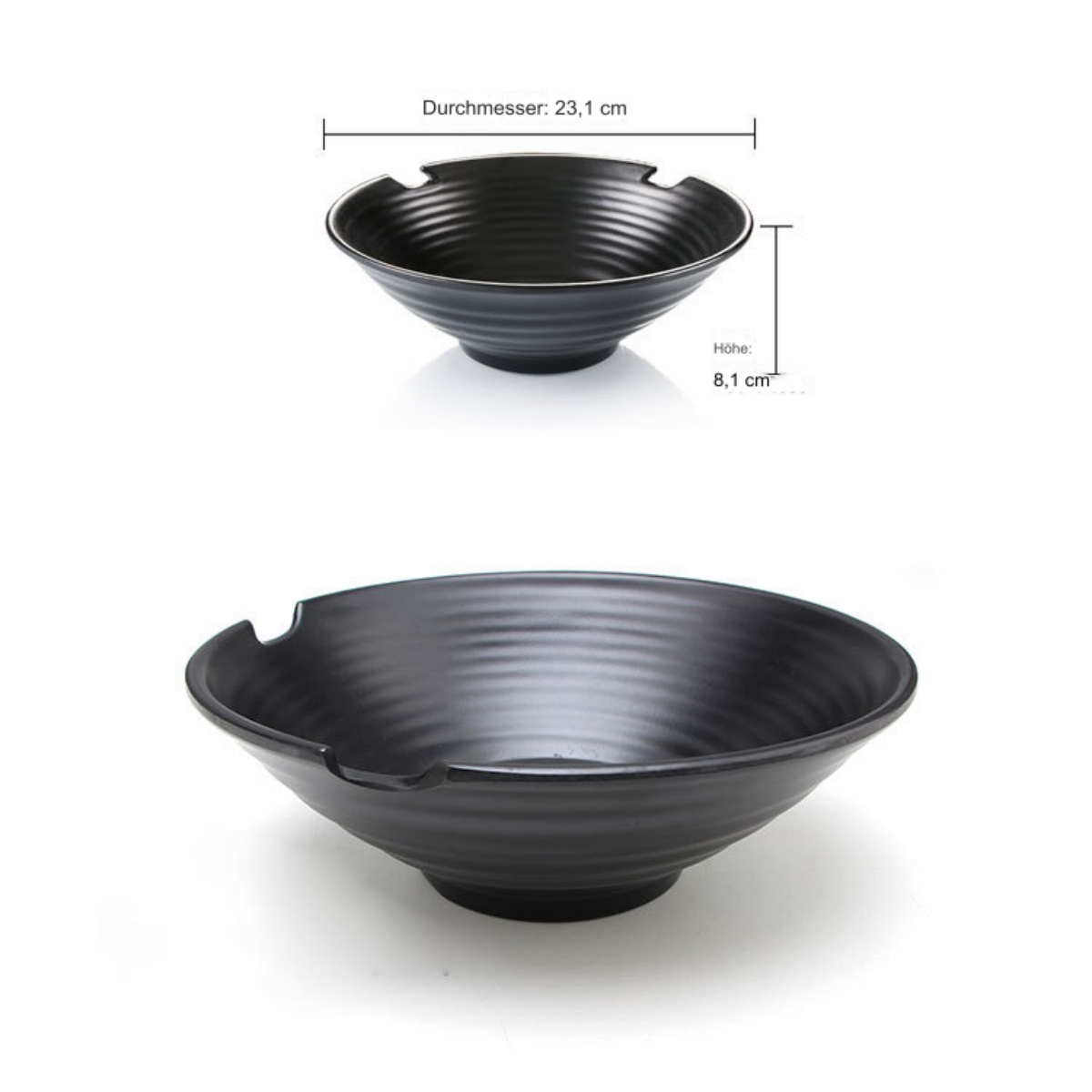 Zwei schwarze Schalen mit einzigartigem Design. Eine zeigt die Abmessungen: 23,1 cm Durchmesser, 8,1 cm Höhe.