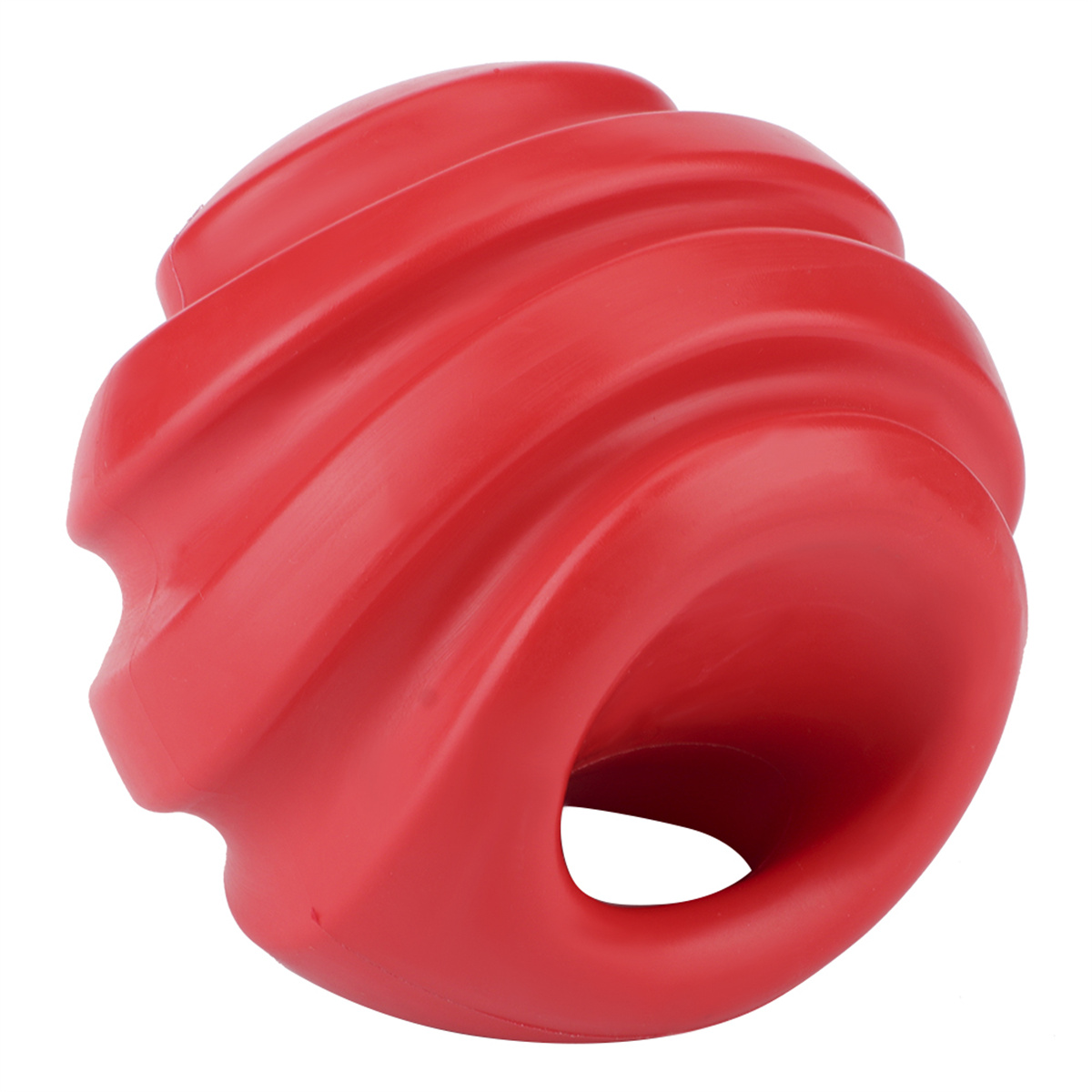 Rotes, spiralförmiges Gummispielzeug. Es hat ein Loch in der Mitte und Rillen auf der Oberfläche.
