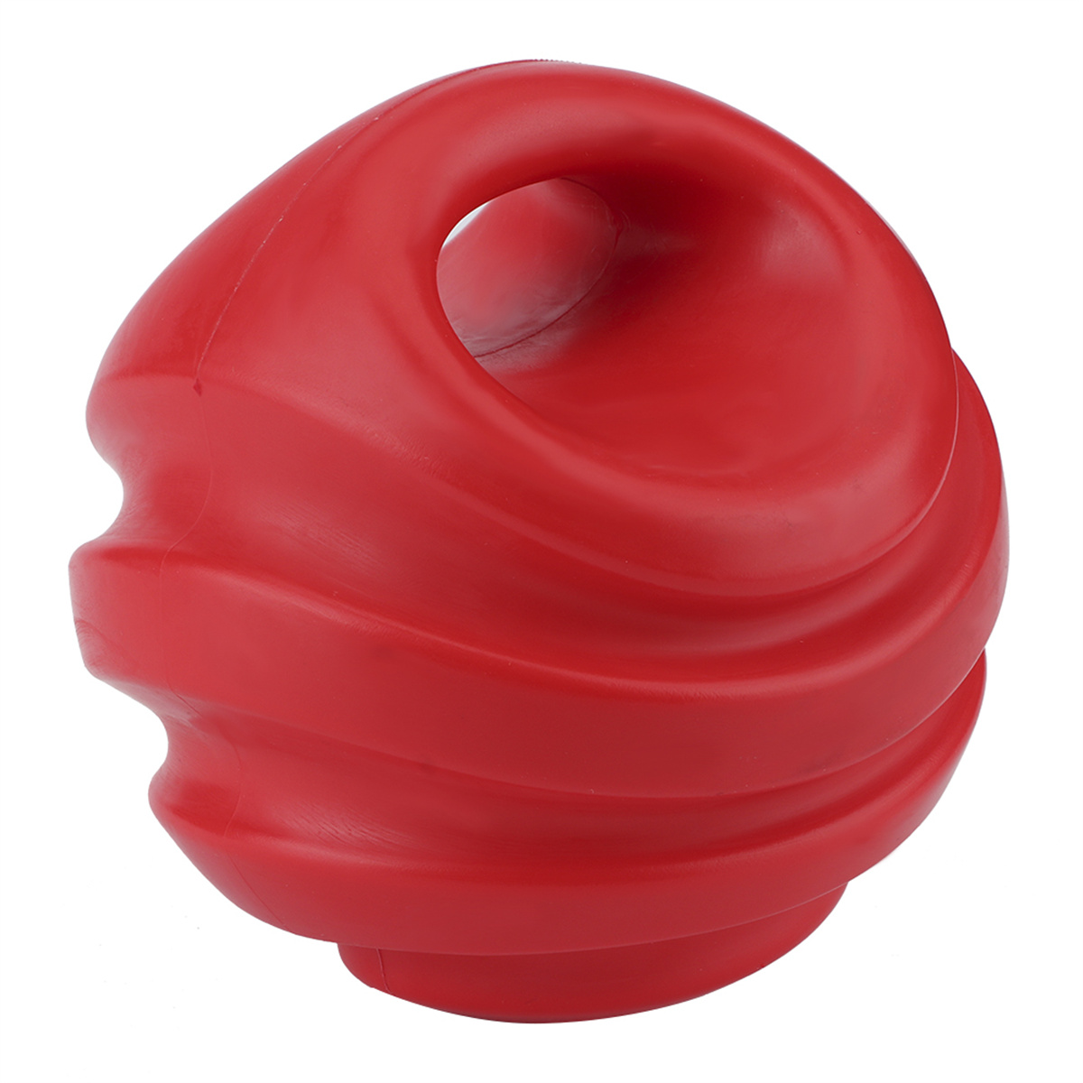 Roter Gummiball mit Loch. Er hat gebogene Rippen. Der Hintergrund ist weiß.