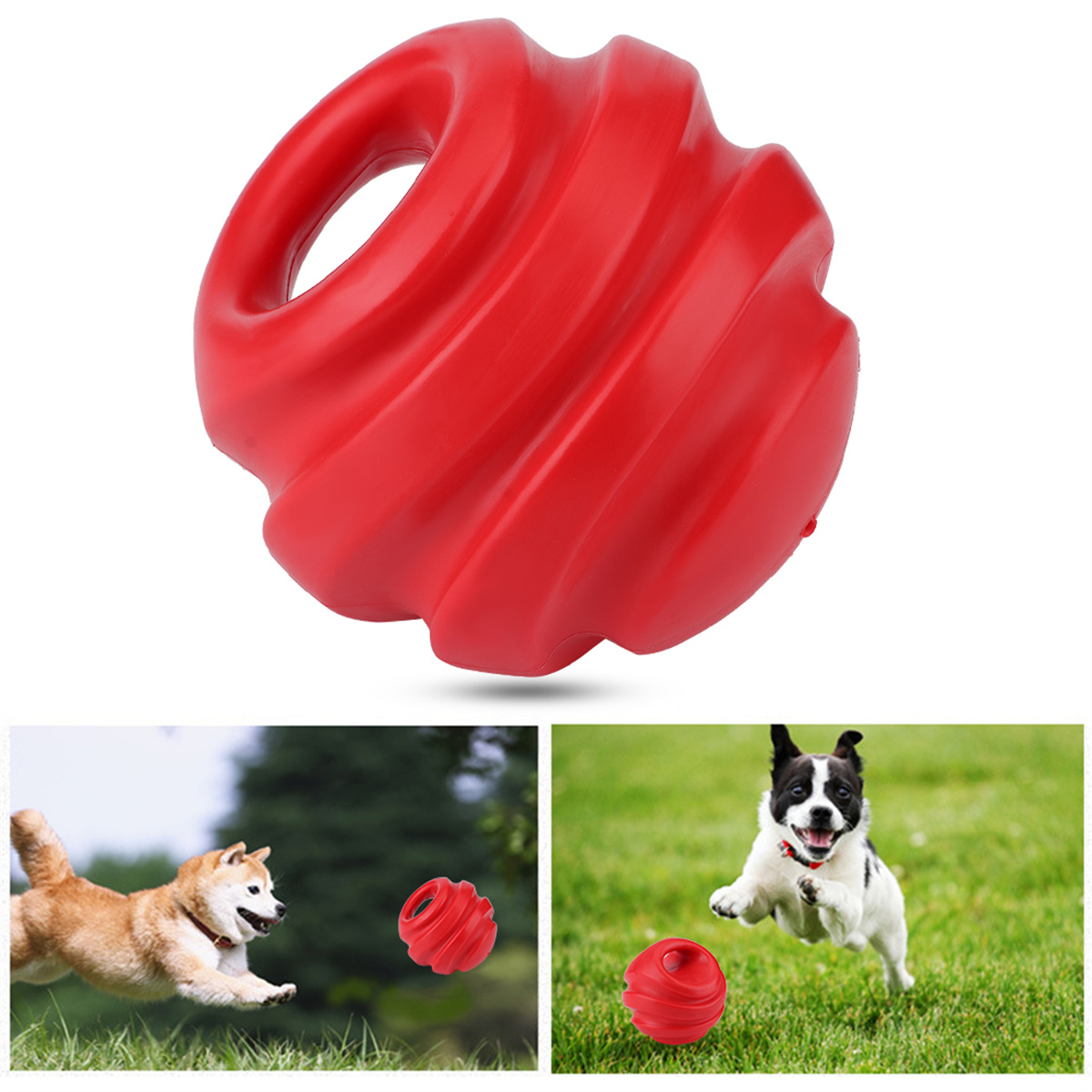 Ein rotes Gummi-Hundespielzeug und Hunde, die mit dem Spielzeug auf einer Wiese spielen.