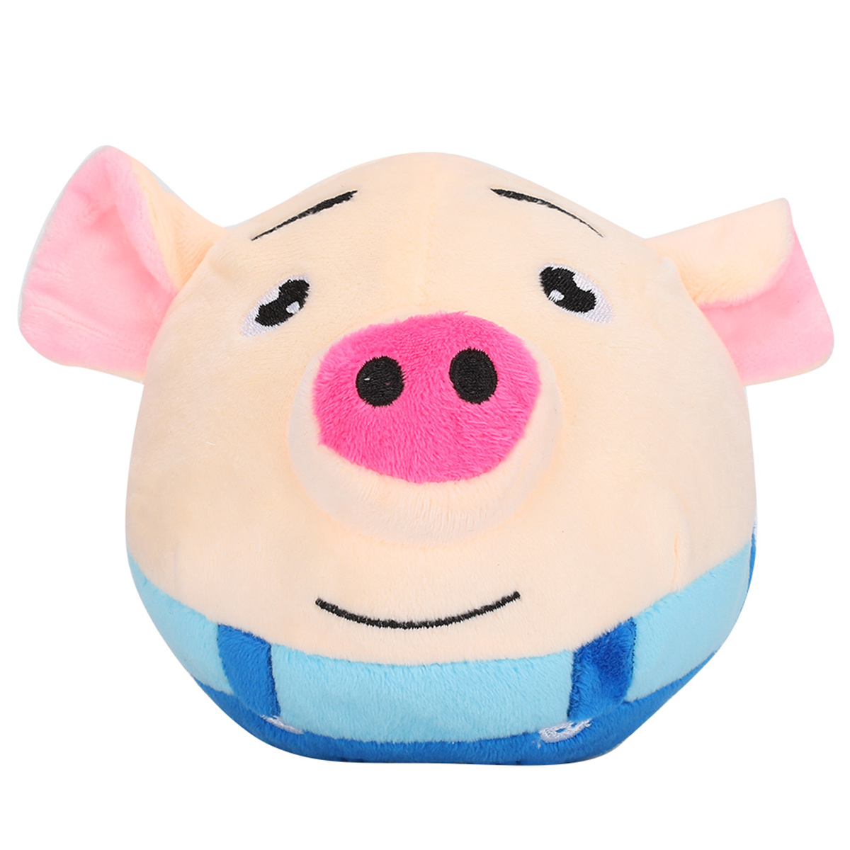 Ein Schweine-Plüschtier mit rosa Ohren, Schnauze und Wangen sowie einem blauen Schal.