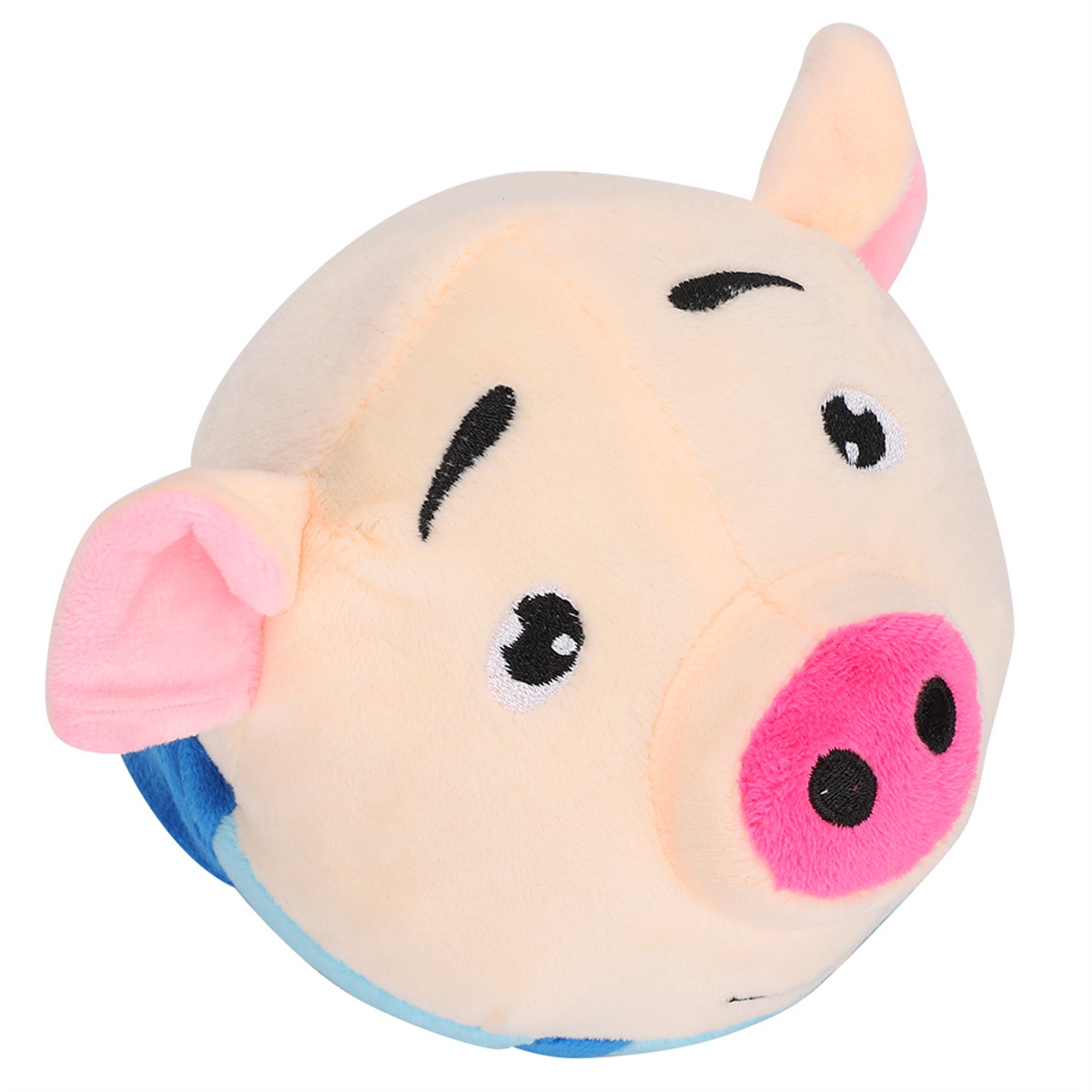 Ein Plüsch-Schweinekopf mit rosa Nase, Ohren und einem blauen Fleck. Das Gesicht lächelt vor weißem Hintergrund.