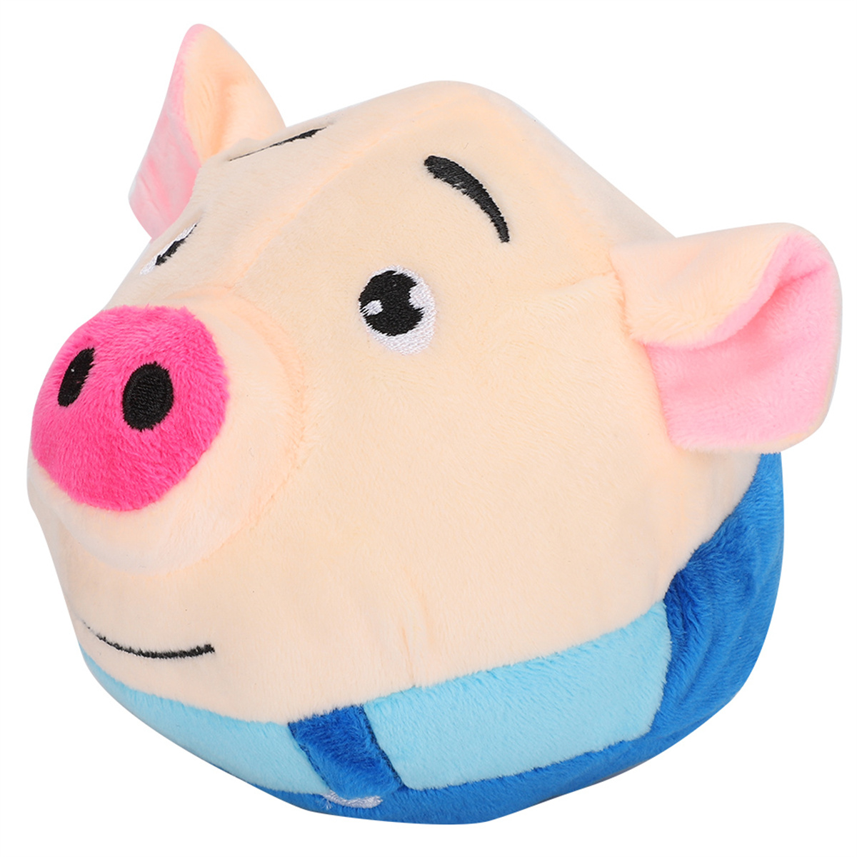 Ein Plüsch-Schweinekopf, rosa Schnauze, schwarze Augen und blaues Hemd.