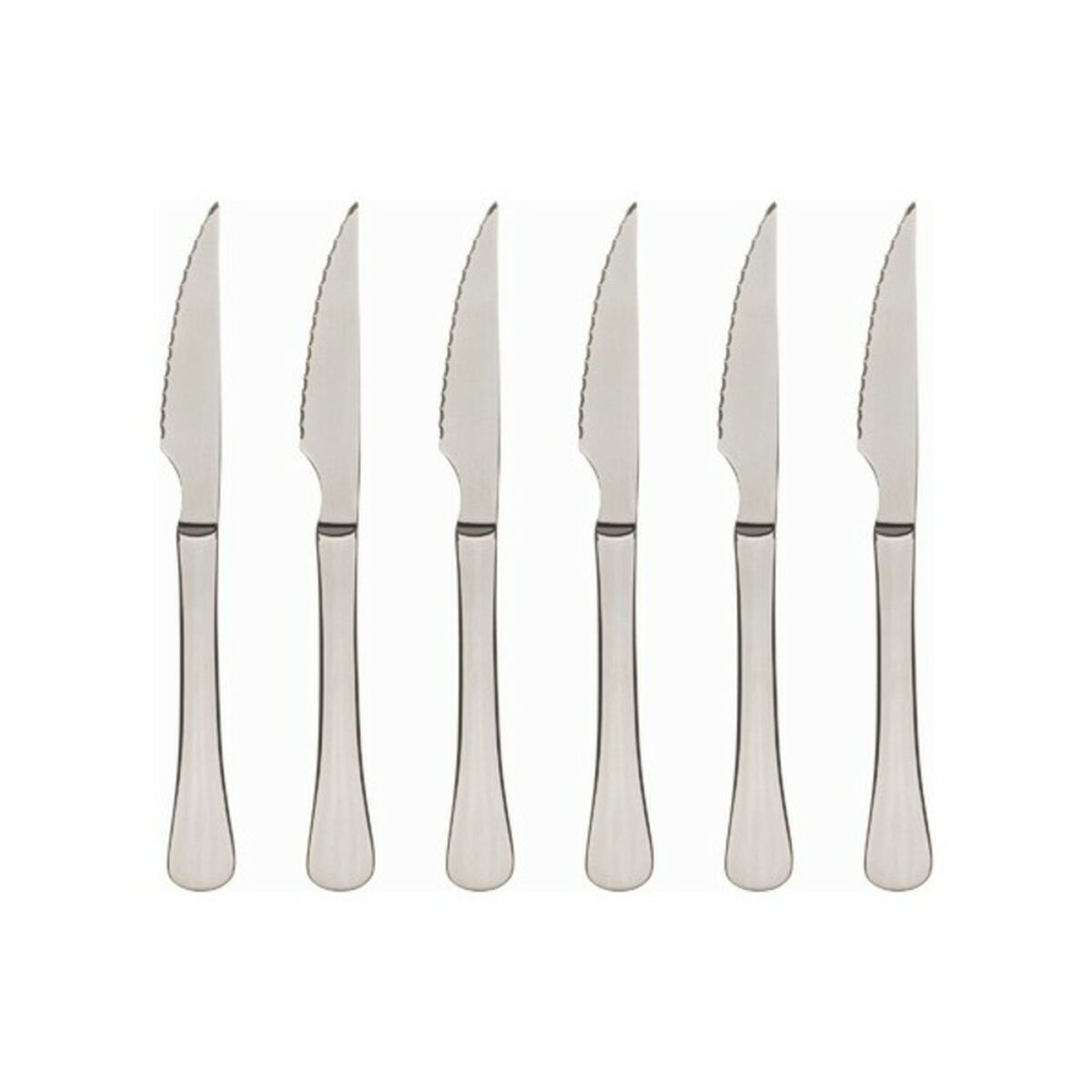 Seis cuchillos de carne de acero inoxidable, hojas dentadas, con fondo blanco.