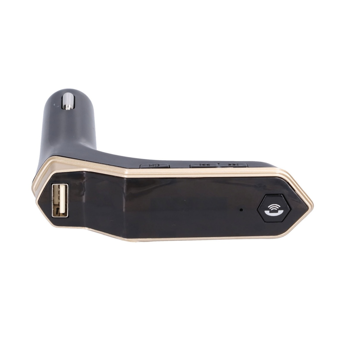 Schwarzes und goldenes Autoladegerät mit USB-Anschluss.