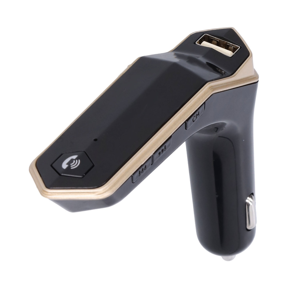 Schwarzer und goldfarbener Bluetooth-Sender fürs Auto mit USB-Anschluss und Telefontaste.