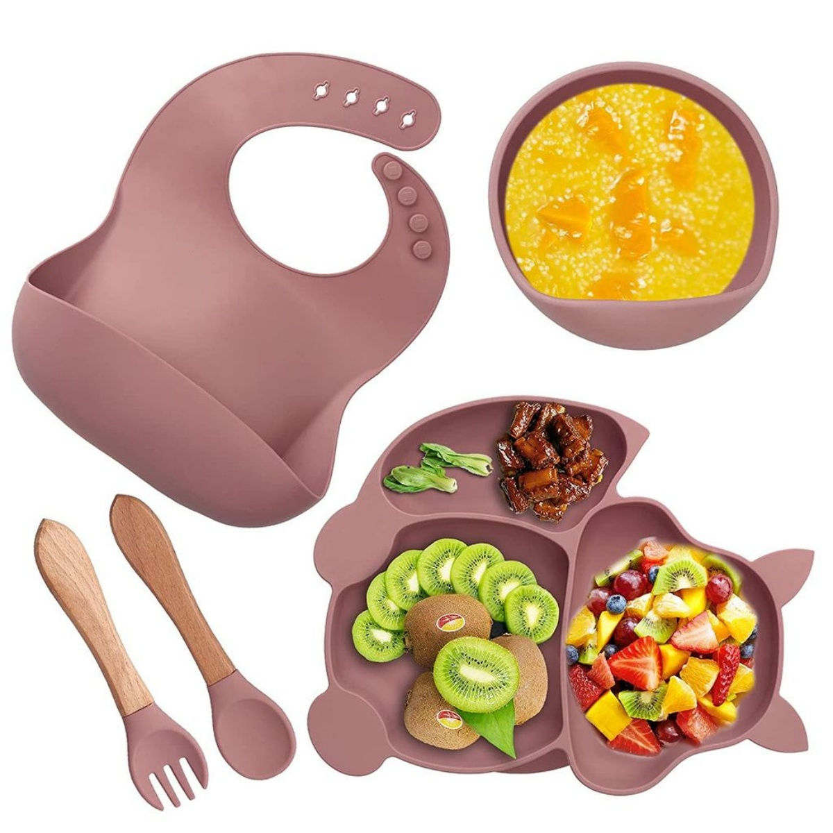 Baby-Ess-Set: Lätzchen, Teller mit Essen, zwei Löffel und eine Gabel. Rosa und Holzfarben.