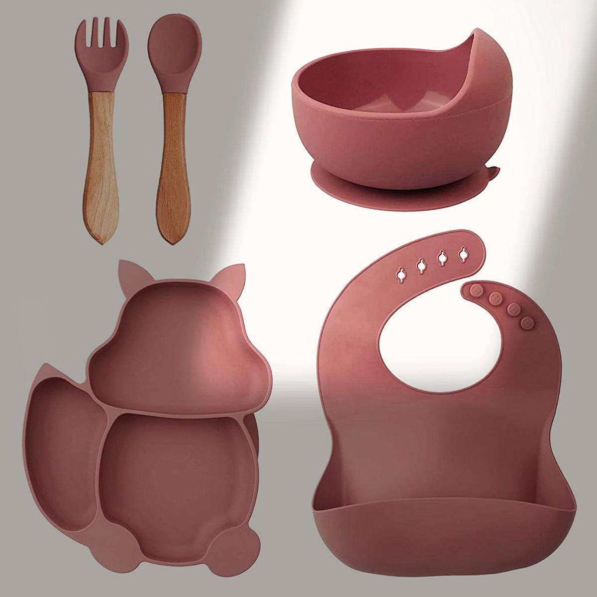 Rosa Baby-Ess-Set, Teller, Schüssel, Lätzchen, Löffel und Gabel.