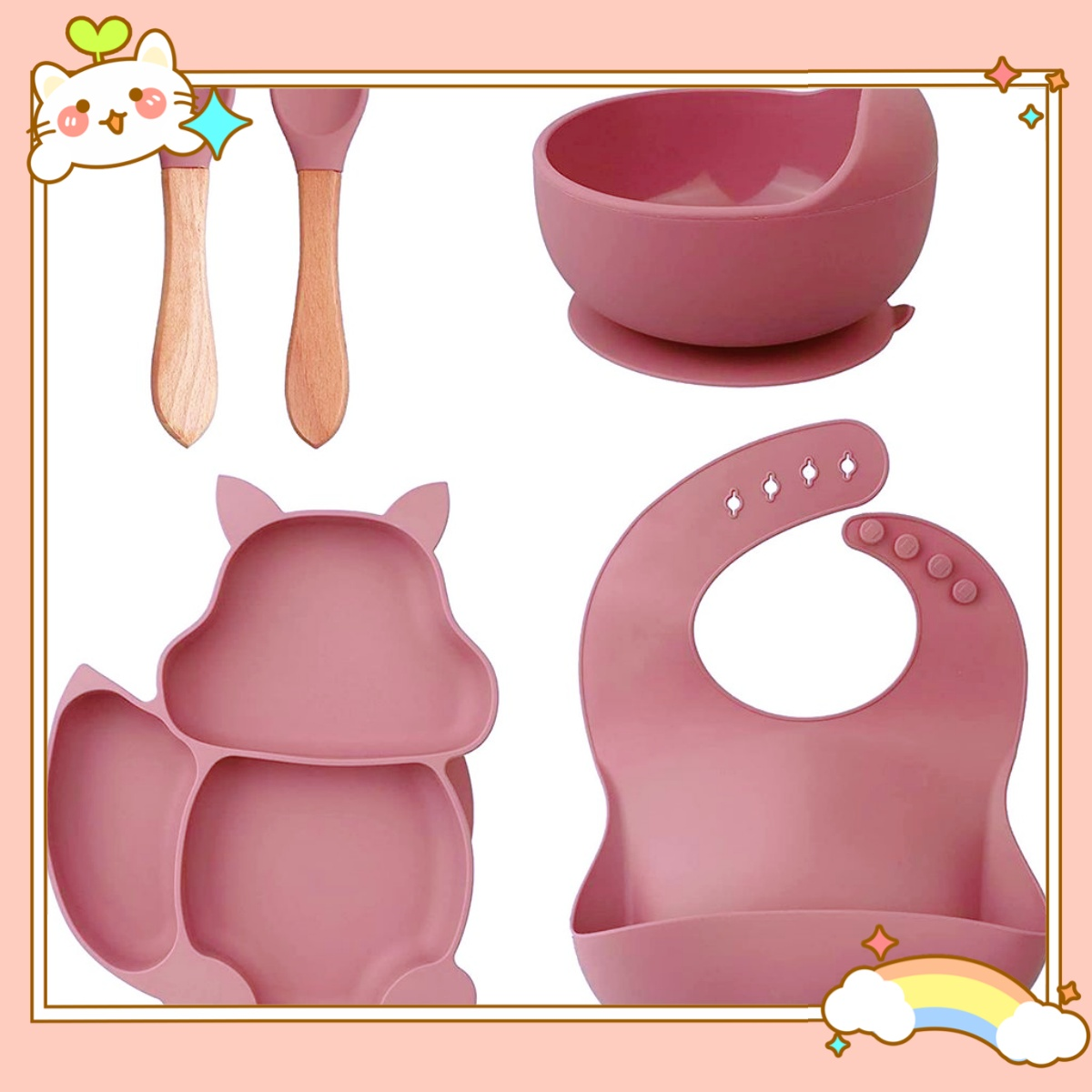 Rosa Baby-Ess-Set: Teller, Schüssel, Lätzchen und zwei Holzlöffel. Das Set hat ein cartoonartiges Design mit Sternen und Regenbogen.