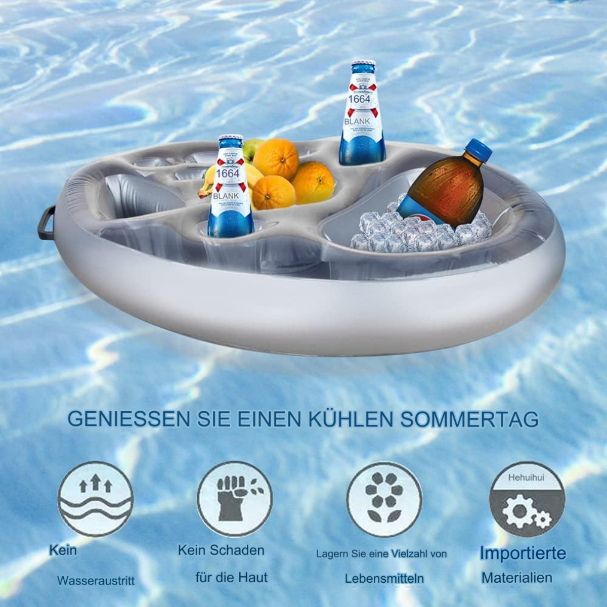 Ein aufblasbarer Pool-Schwimmer mit Getränken und Eis, schwimmend in blauem Wasser, mit Symbolen darunter.