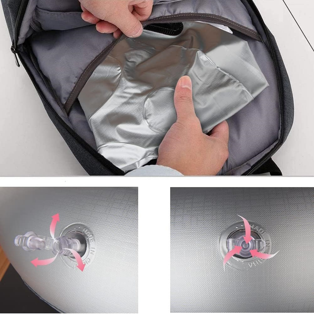 Hände, die einen silbernen Gegenstand in einen grauen Rucksack stecken. Nahaufnahmen des Inflationsventils und des Ventils.