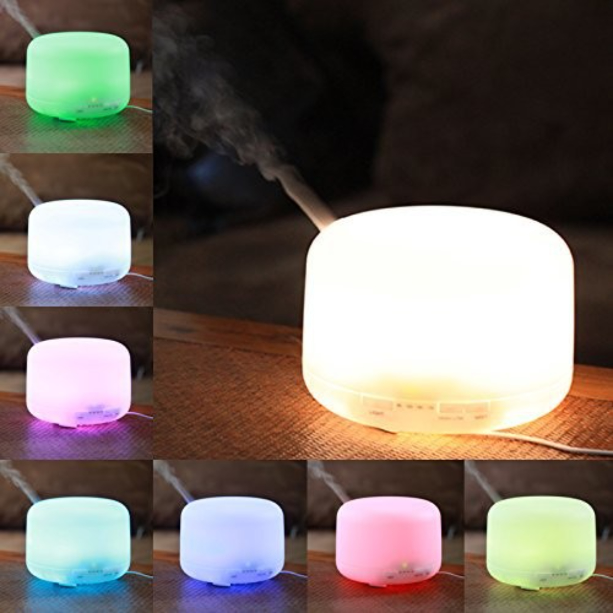 Ein Aromadiffusor stößt Dampf aus, mit verschiedenen farbigen Lichtern. Er steht auf einer braunen Oberfläche.