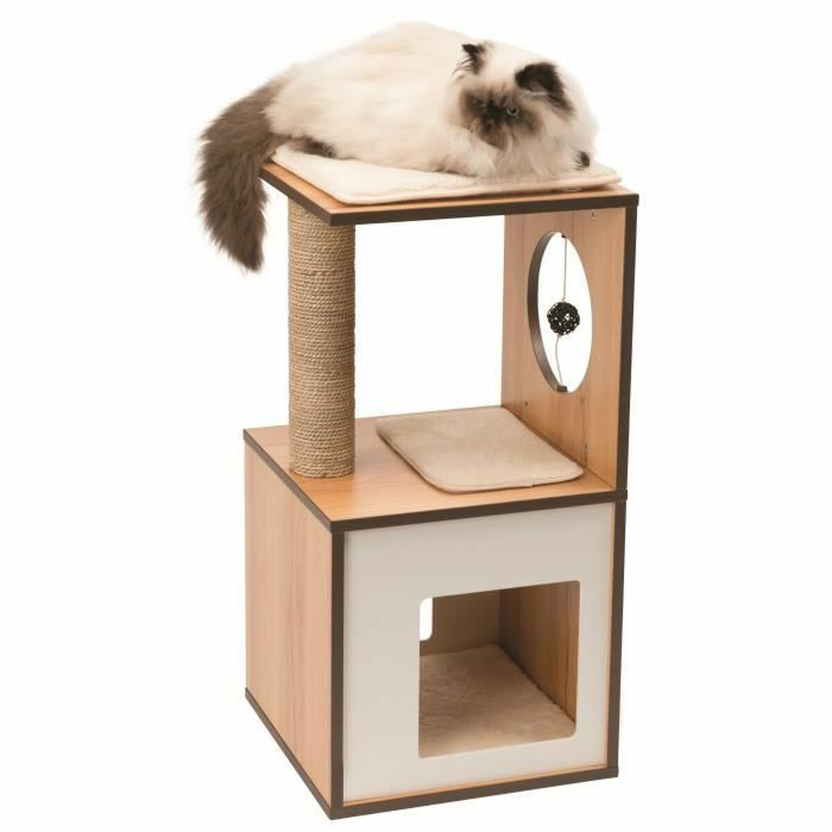 Un albero per gatti con piattaforma superiore, un palo per graffiare e una struttura a forma di grotta.