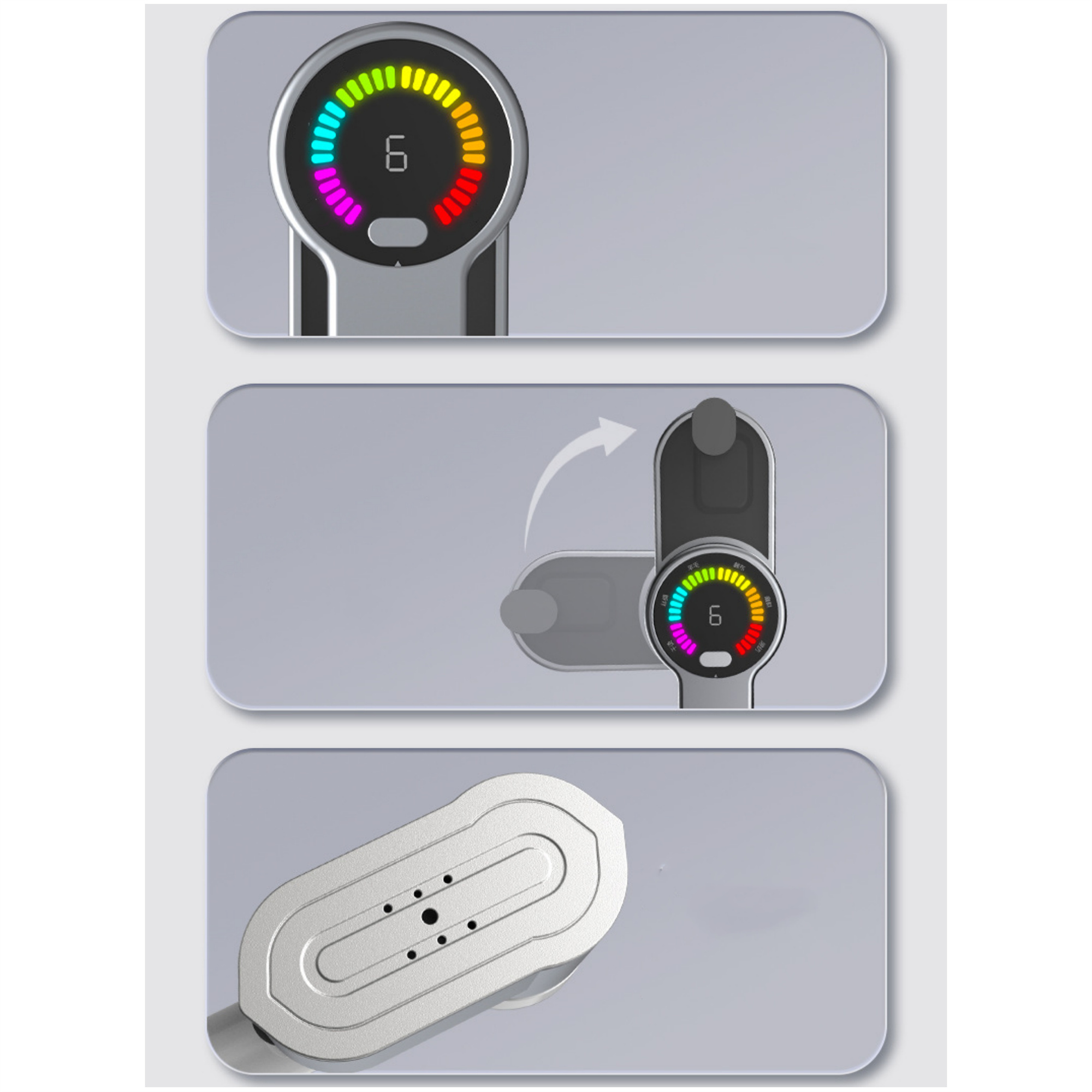 Drei Bilder, die ein digitales Gerät mit Farbanzeige und Drehmechanismus zeigen.