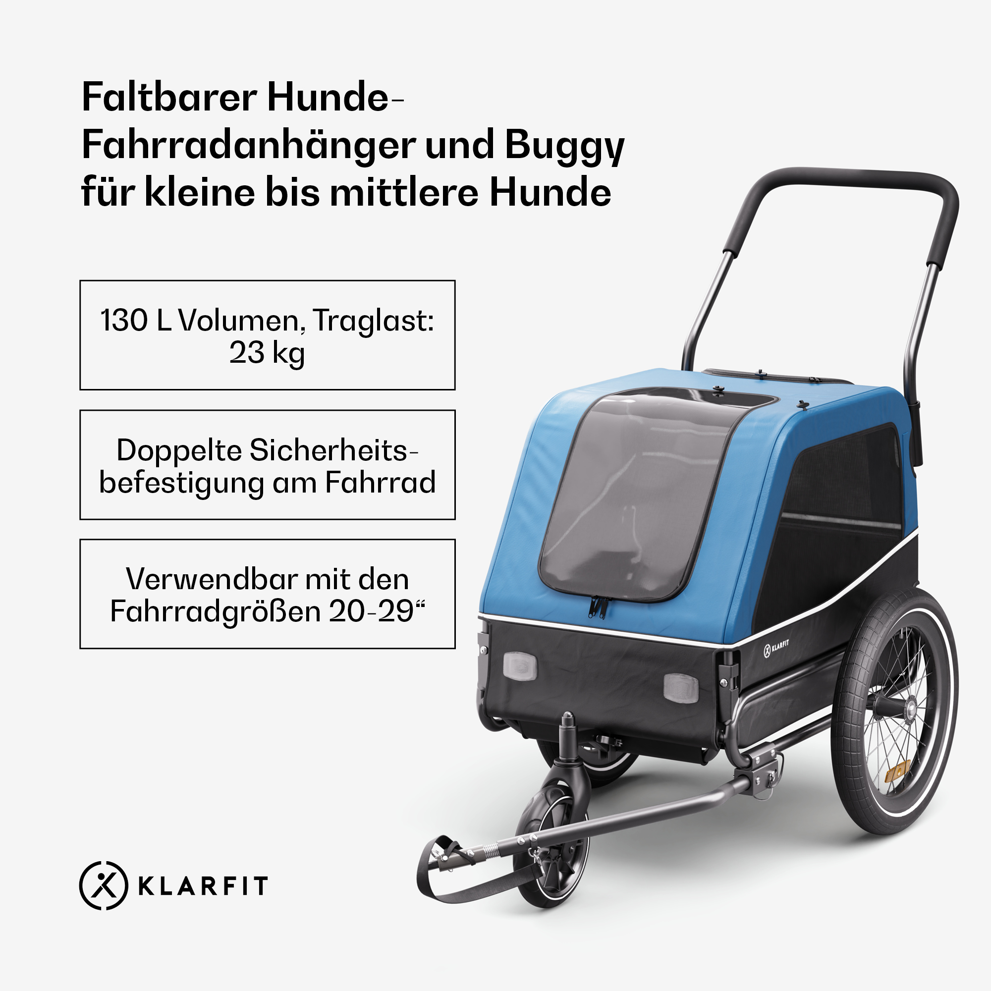 Blau-schwarzer Hundeanhänger und Buggy, mit Textdetails wie Volumen und Gewicht.