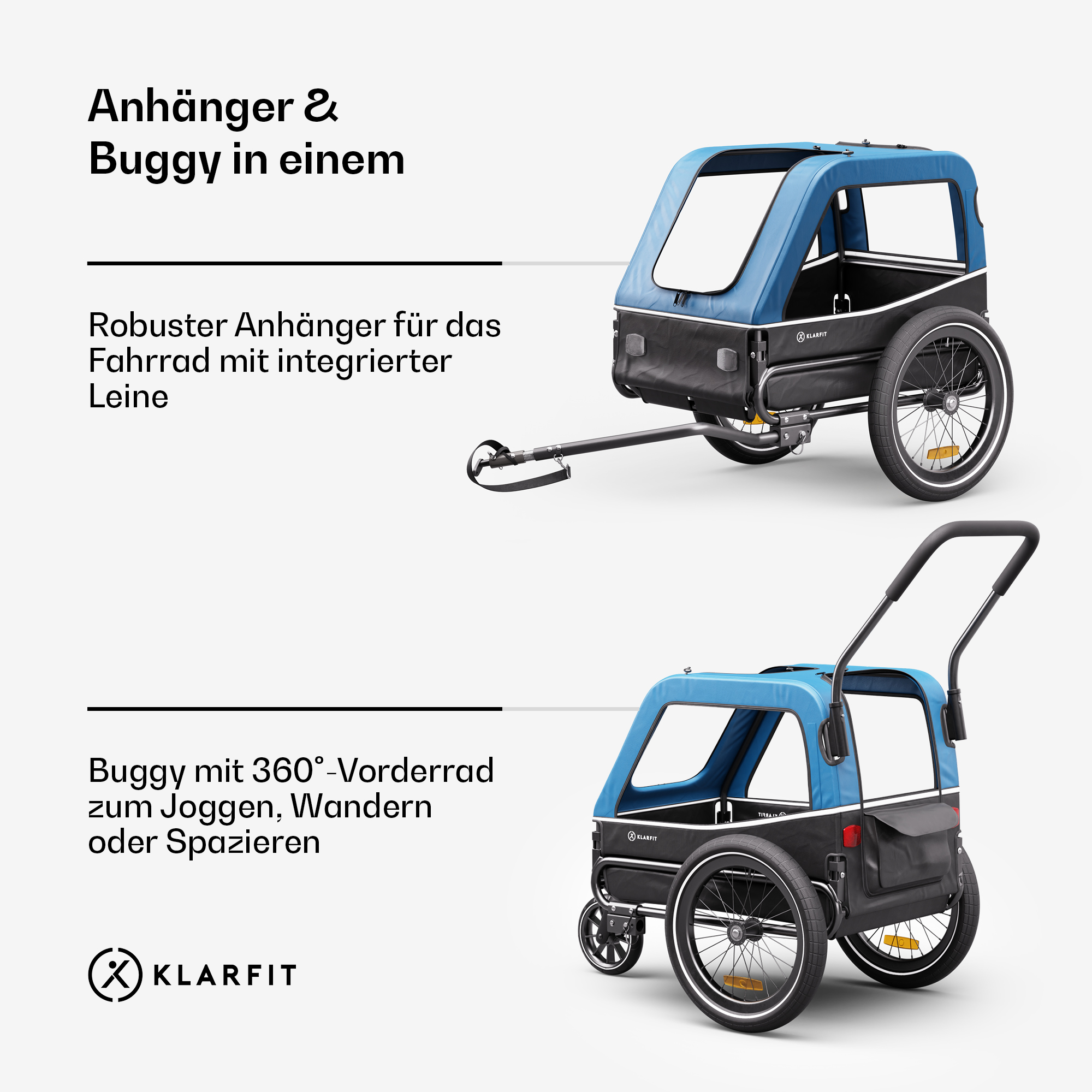 Ein blauer und schwarzer Kinderwagen mit Anhänger. Der Text erwähnt ein faltbares Design zum Tragen.