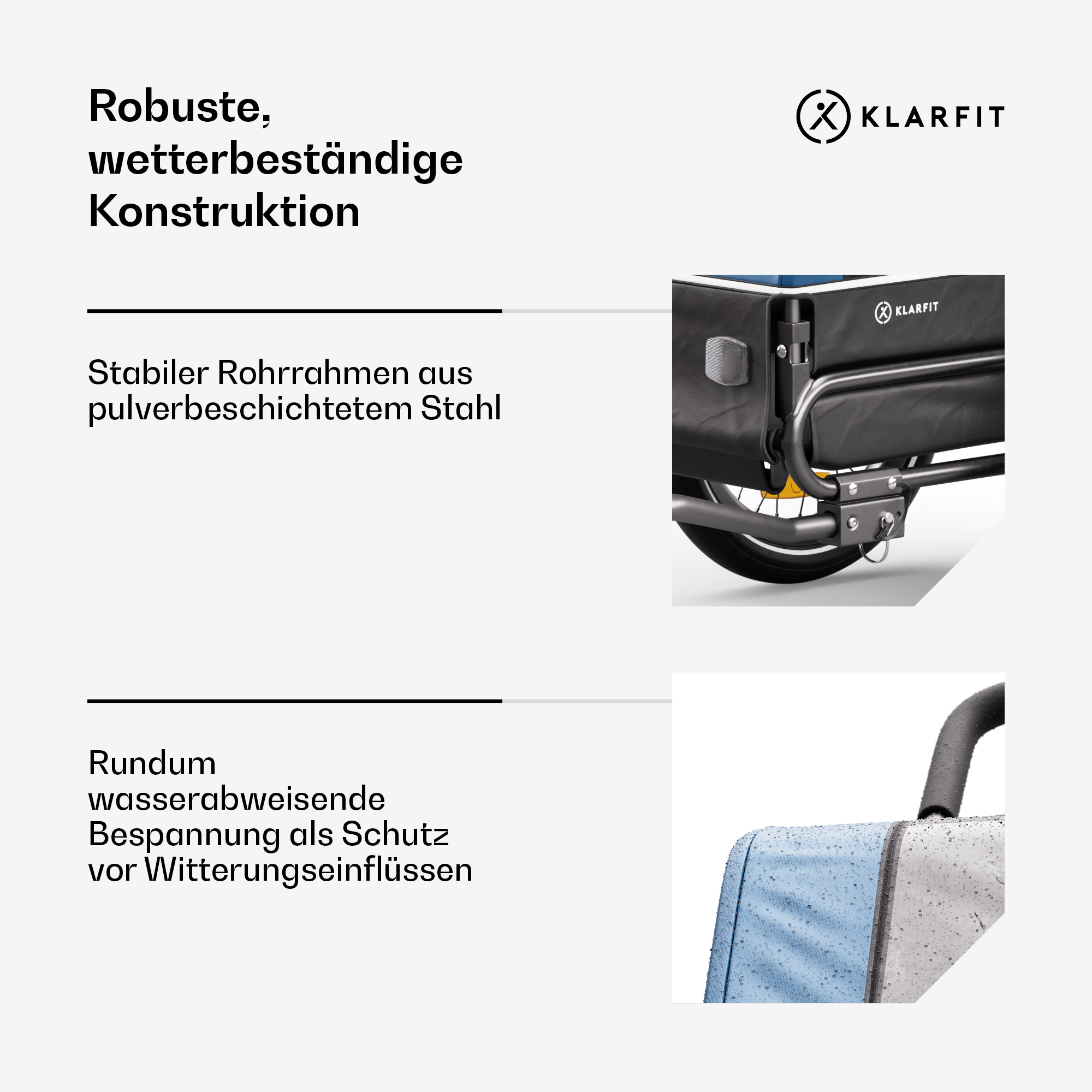Ein Anhänger mit Text, der eine robuste, wetterfeste Konstruktion und einen stabilen Stahlrahmen hervorhebt.