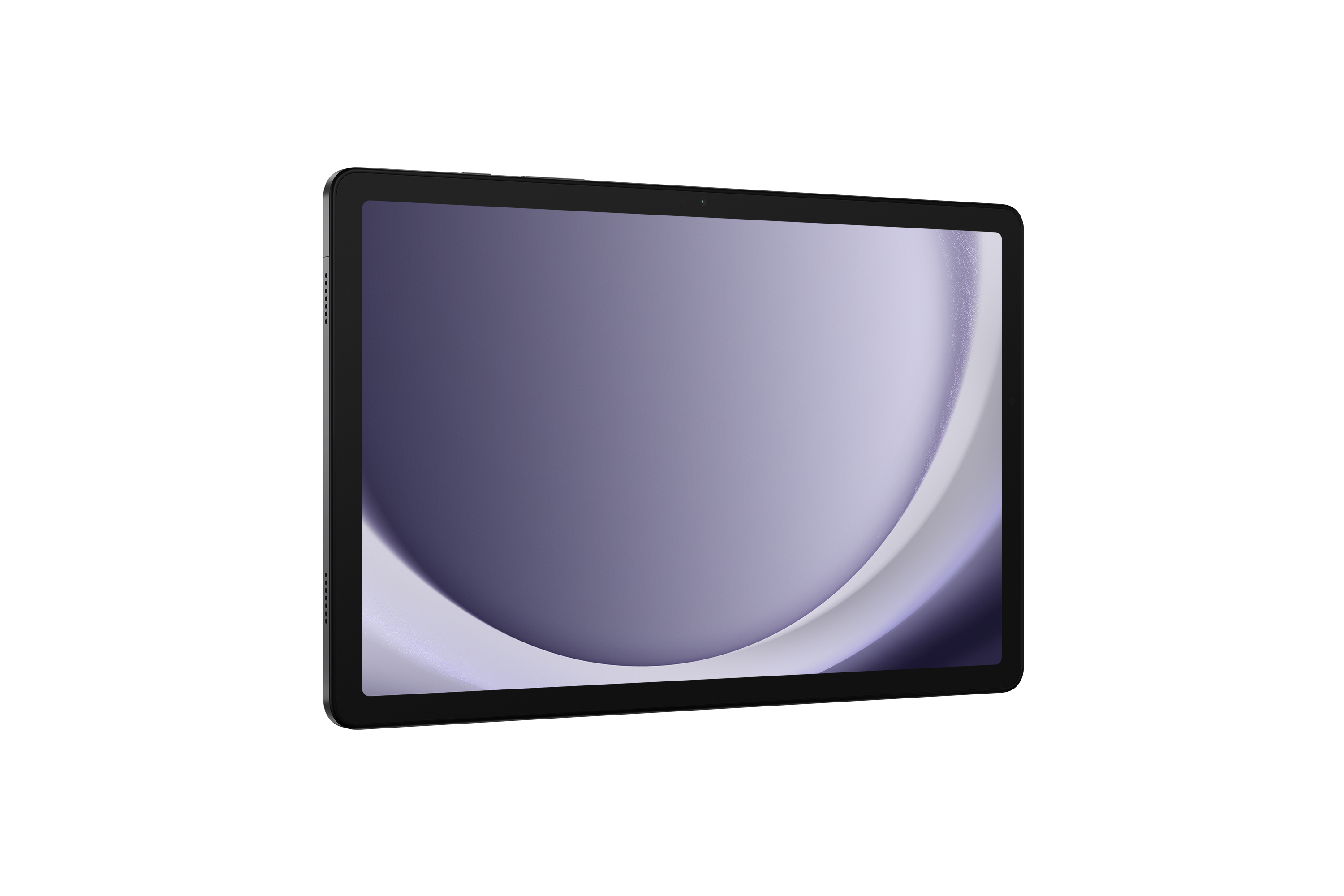 Un tablet con cornice nera e schermo con gradiente viola e bianco.
