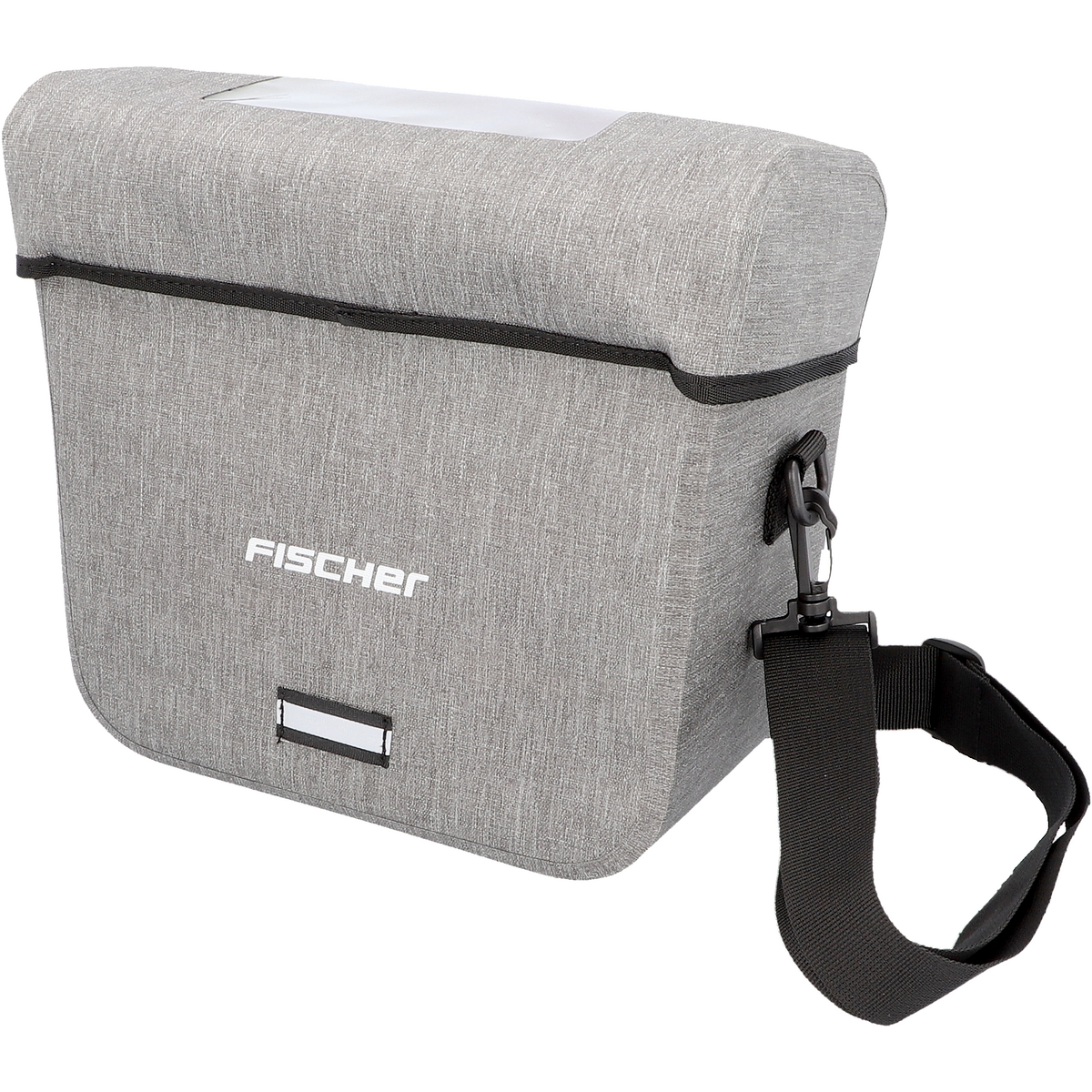 Eine graue Fahrradtasche mit schwarzem Riemen und dem Aufdruck FISCHER.