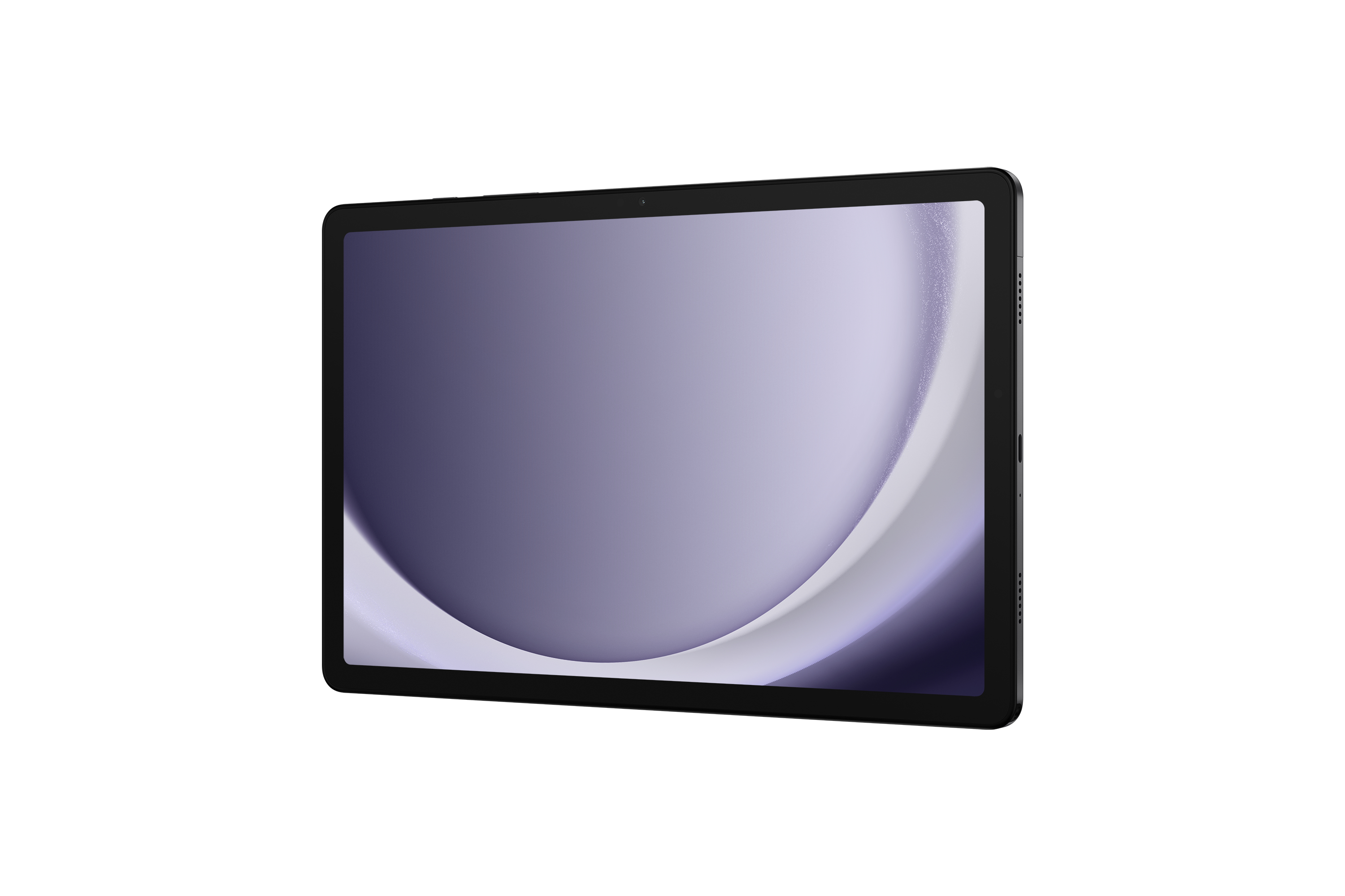 Tablet con cornice nera, mostra un design astratto viola e bianco. Il tablet è fluttuante.