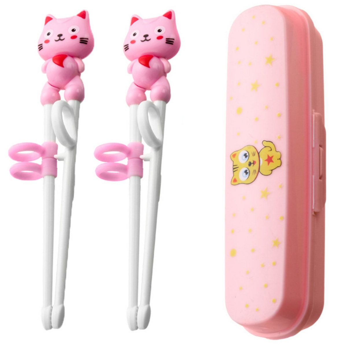 Zwei Paar rosa katzenförmige Essstäbchen mit passendem Etui, alles auf weißem Hintergrund.