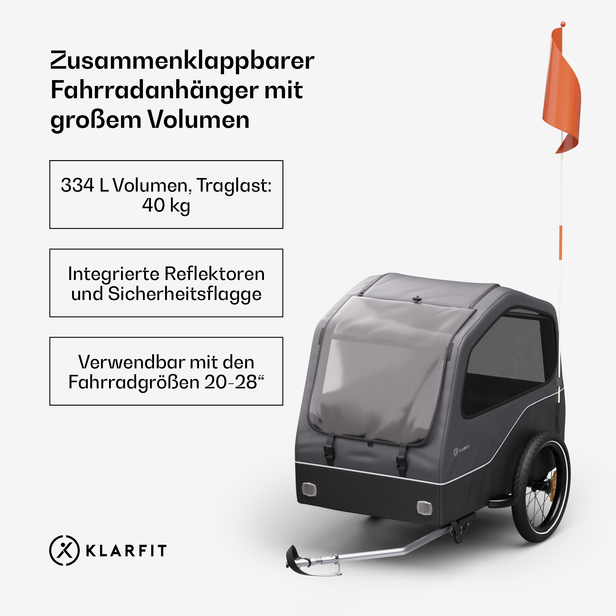 Faltbarer Fahrradanhänger mit großem Volumen, Sicherheitsflagge, 40 kg Traglast.