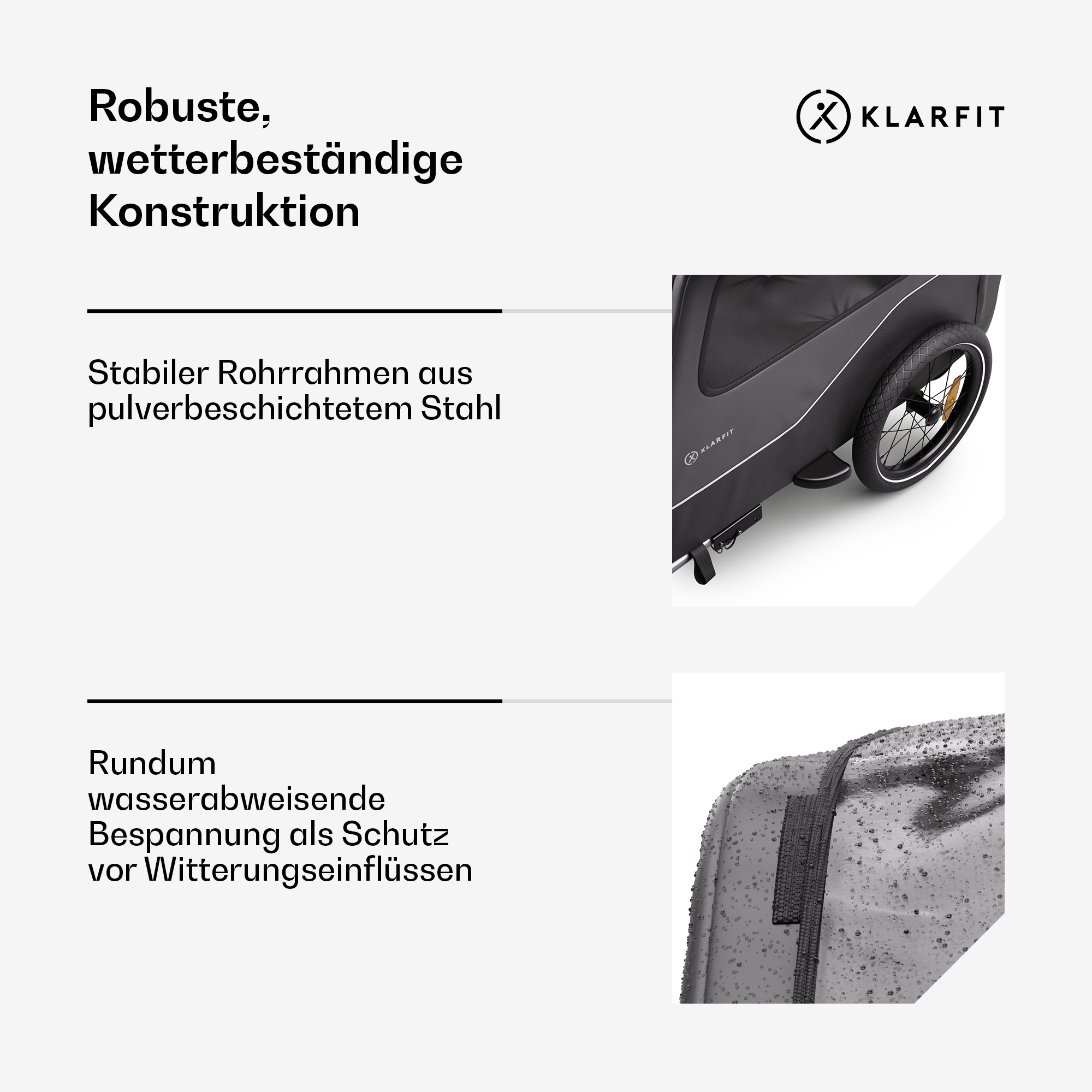 Nahaufnahme eines grauen Fahrradanhängers. Text: Robuste, wetterfeste Konstruktion.
