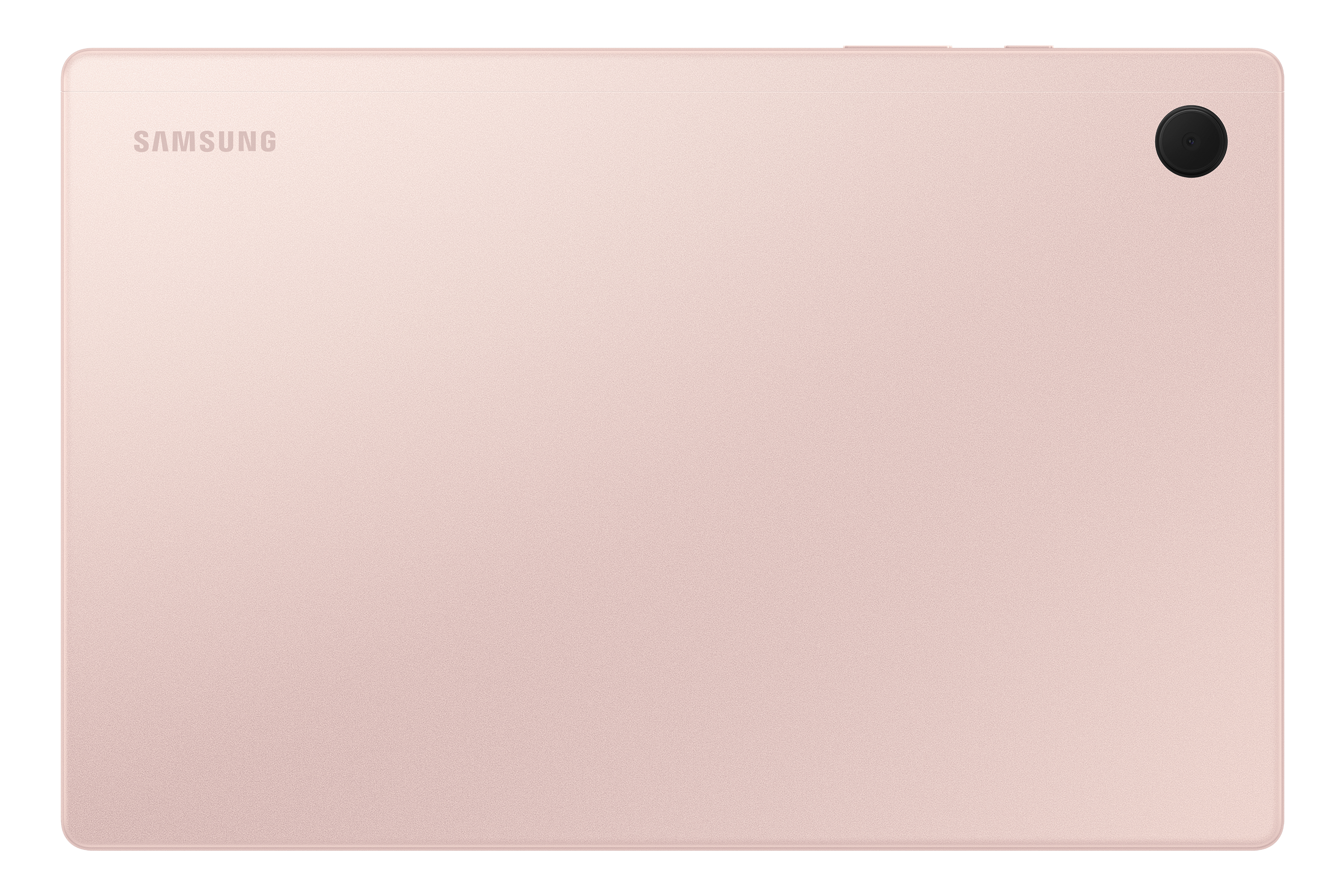 La parte trasera de una tableta rosa con el logotipo de Samsung y una sola lente de cámara.