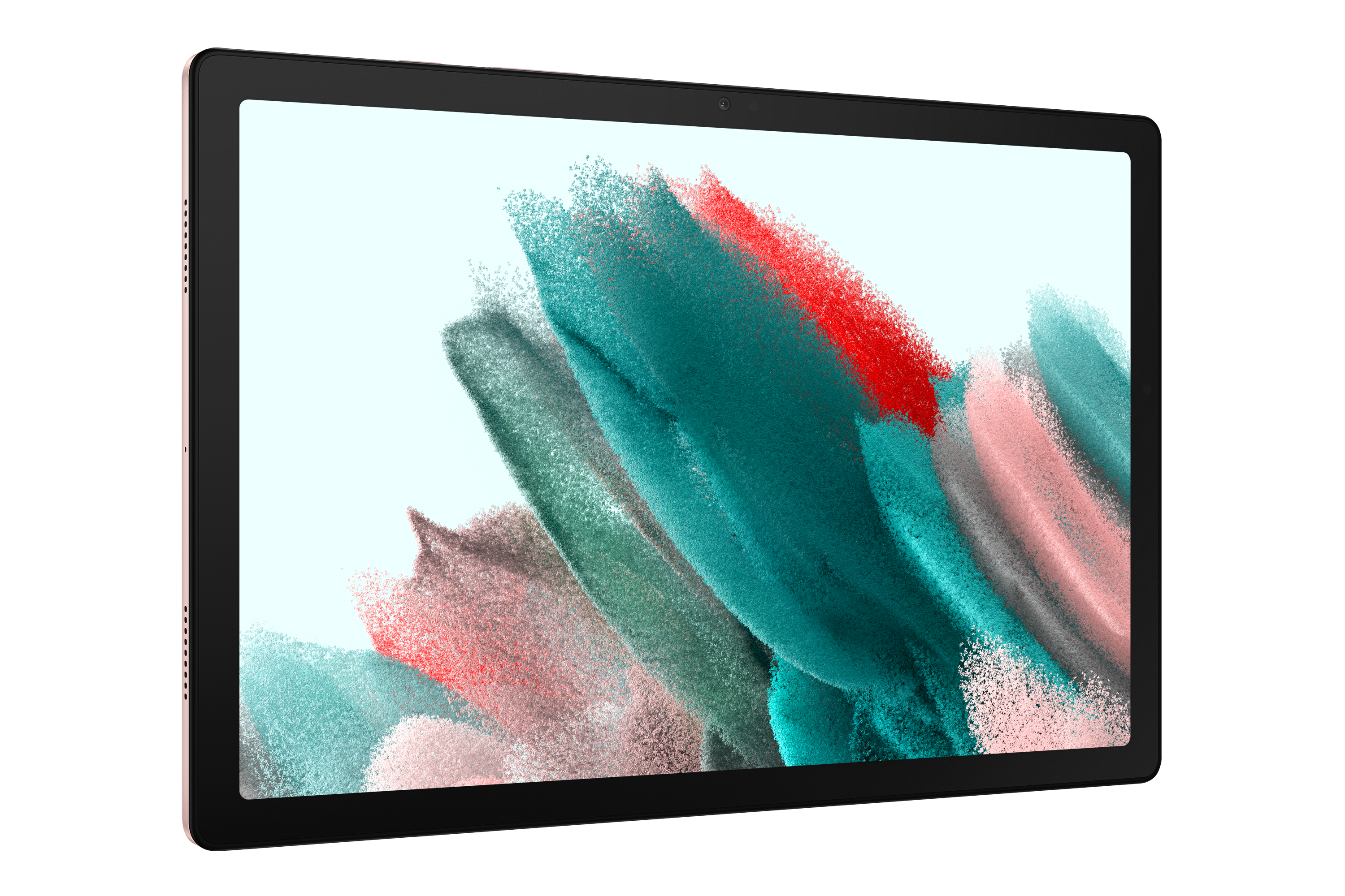 Una tableta con pantalla azul claro, marco oro rosa y fondo blanco.