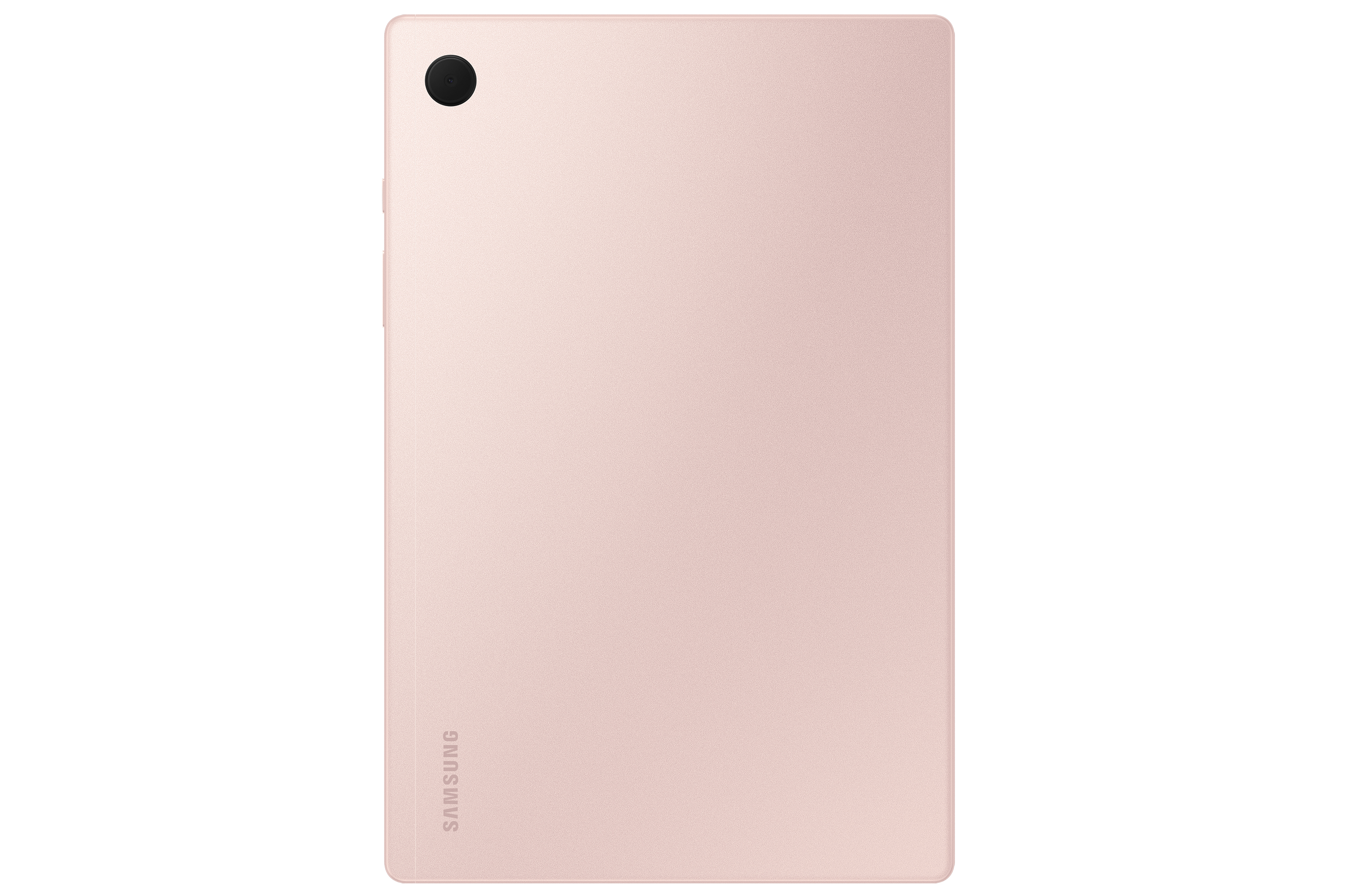 Parte trasera de una tableta rosa con una lente de cámara. La marca 'SAMSUNG' está abajo.